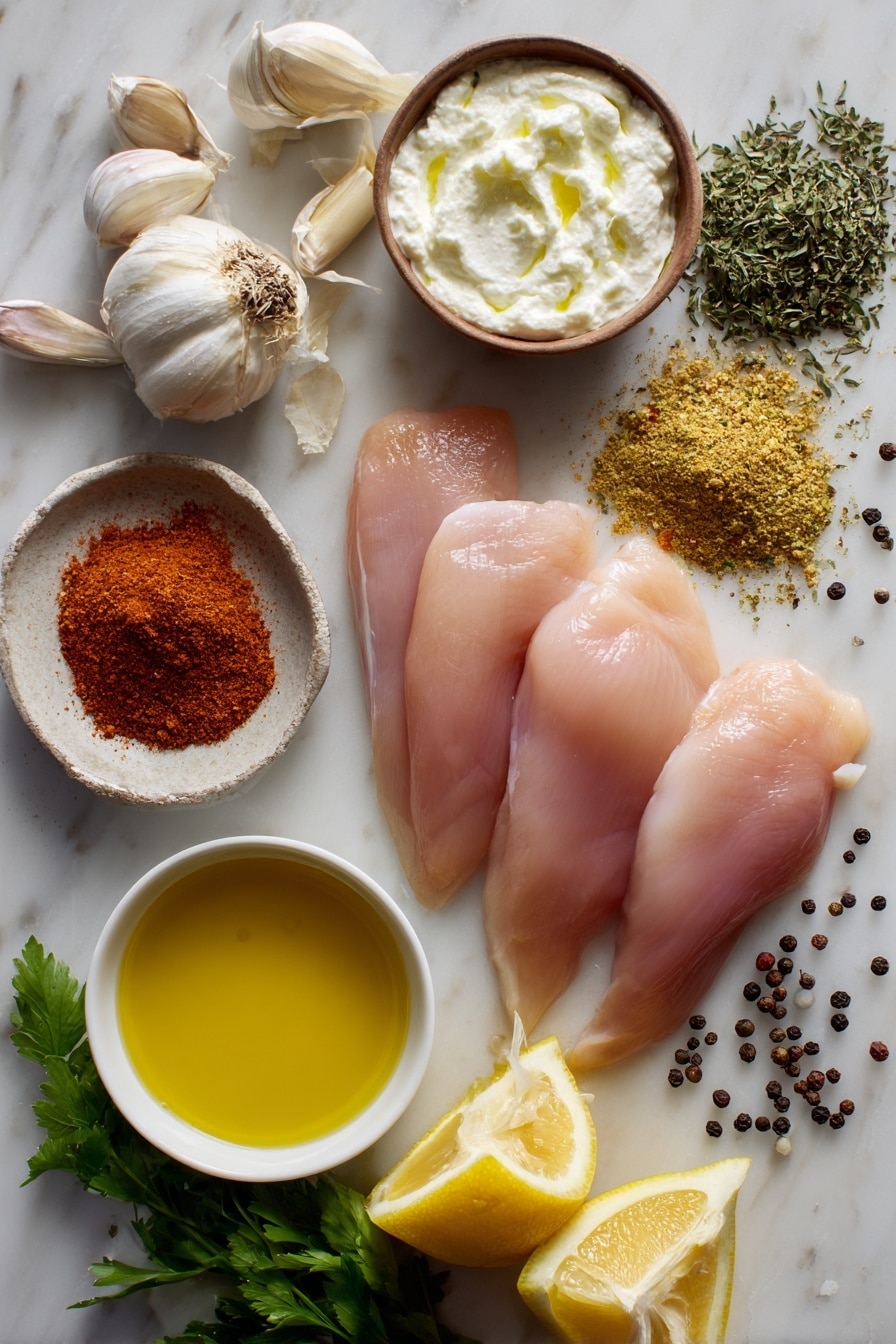 Flat lay of fresh raw chicken breasts sliced lengthwise, a small bowl of creamy plain Greek yogurt, whole garlic cloves and some minced garlic scattered, fresh lemon wedges, a small pile of mixed dried Italian herbs, vivid smoked paprika powder, a mound of onion powder, and a drizzle of golden olive oil artfully placed alongside, all arranged neatly with some fresh black peppercorns sprinkled around, placed on a white marble surface, photo taken with an iphone --ar 2:3 --v 7 - Yogurt Marinated Chicken Breast, tender chicken marinade, easy chicken dinner, healthy chicken recipes, juicy chicken breast