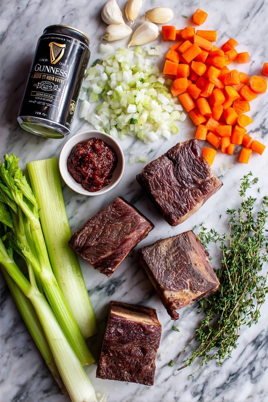 Flat lay of four thick beef short ribs with a rich brown sear, bright orange chopped carrots, pale green celery stalks, finely chopped white onions, two cloves of peeled garlic, a dark can of Guinness beer with its label visible, a small dollop of deep red tomato paste, fresh green thyme sprigs, and a handful of bright green chopped parsley scattered delicately, placed on a white marble surface, photo taken with an iphone --ar 2:3 --v 7 - Guinness Braised Short Ribs, Irish stout beef short ribs, slow cooker short ribs, beef rib recipes, hearty stew with Guinness