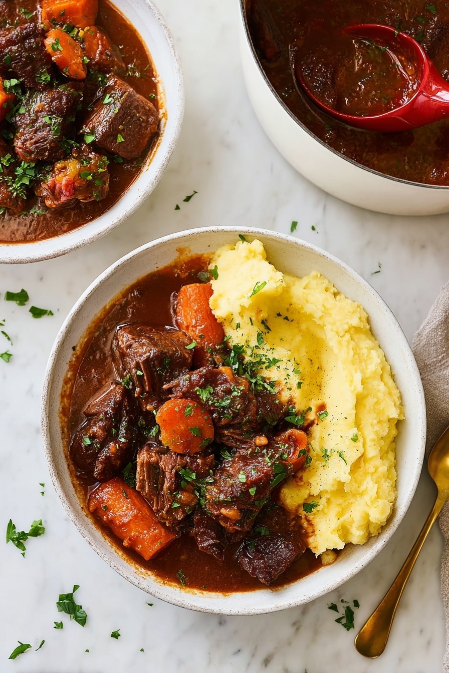The image shows a white bowl filled with two main layers: on one side, a thick, juicy beef stew with rich dark brown chunks of meat and large orange carrot pieces, all sitting in a deep reddish-brown sauce; on the other side, a creamy pile of smooth yellow mashed potatoes. The stew is garnished with small green parsley leaves scattered on top of the meat and potatoes. Nearby is another white bowl with more beef stew and a white pot filled with the same stew with a red ladle inside. The dishes are placed on a white marbled surface with small chopped parsley sprinkled around. A gold spoon lies partly under the front bowl. photo taken with an iphone --ar 2:3 --v 7 - Guinness Braised Short Ribs, Irish stout beef short ribs, slow cooker short ribs, beef rib recipes, hearty stew with Guinness