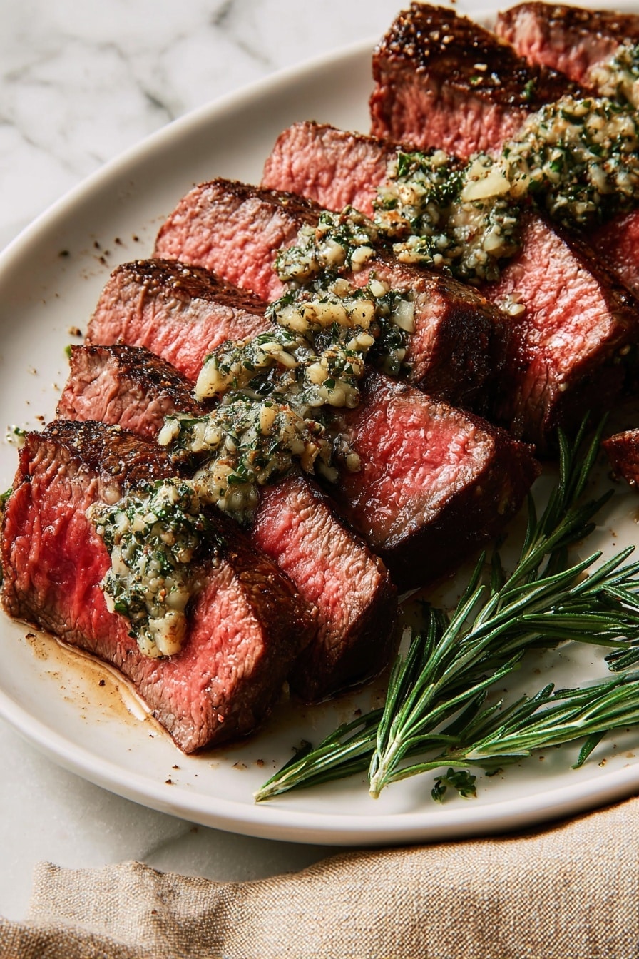 The image shows a white round plate with a cooked steak sliced into eight thick pieces. The steak’s outside is brown and slightly charred, while the inside is pink and juicy. On top of the steak, there is melted garlic and herb butter with small green herb bits. Around the steak, fresh green rosemary sprigs are placed for decoration. The plate is on a white marbled surface with light brown cloth on the right side and a small white bowl filled with white sauce and chopped chives on the top left corner. Some scattered herbs and salt grains are visible on the surface. photo taken with an iphone --ar 2:3 --v 7 - Garlic Butter Beef Tenderloin, Beef Tenderloin Recipe, Easy Beef Tenderloin, Juicy Beef Roast, Elegant Dinner Ideas