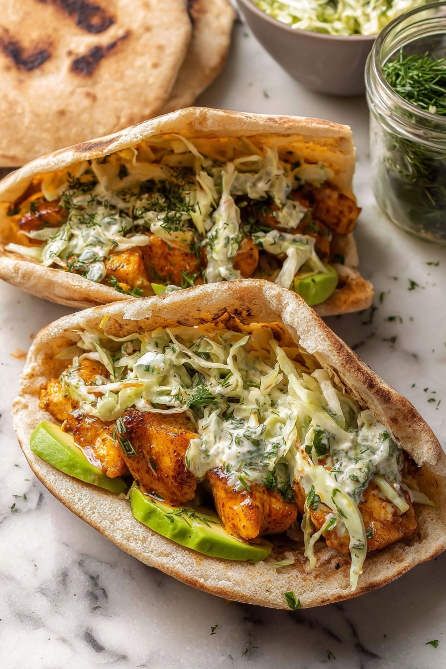 The image shows two pita pockets filled with three main layers: a bottom layer of green avocado slices, a middle layer of orange-browned chicken pieces coated in a sauce, and a top layer of creamy cabbage slaw with visible green herbs, all inside lightly toasted pita bread with a golden-brown crust. The pitas are placed on a white marbled surface with another whole pita nearby, and a small glass jar with green herbs is partially visible in the background. A bowl with extra cabbage slaw sits to the side. Photo taken with an iphone --ar 2:3 --v 7 - Sheet Pan Chicken Pitas, Herby Ranch Slaw, easy chicken pitta recipe, healthy chicken pitas, flavorful sheet pan dinner