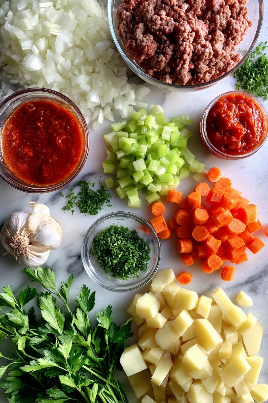 Flat lay of finely chopped white onions, peeled and chopped carrots, celery stalks cut into small pieces, minced garlic cloves, bright red tomato paste dollops, raw lean ground beef portions, diced fresh tomatoes, peeled and chopped Yukon gold potatoes, and fresh green parsley sprigs, all beautifully arranged on a white marble surface, photo taken with an iphone --ar 2:3 --v 7 - Hearty Hamburger Soup with Potatoes and Vegetables, Comforting Ground Beef Soup, Easy Vegetable Soup Recipe, Rustic Hamburger Soup, Fall and Winter Soup Ideas