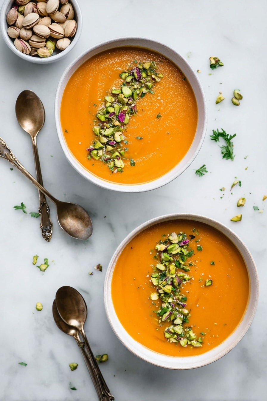Two white bowls sit on a white marbled surface, each filled with smooth orange soup. On the surface of the soup, a curved line of chopped green herbs and small green and purple pistachio pieces creates a fresh garnish. Around the bowls, there are scattered pieces of herbs and pistachios. Next to each bowl lies a shiny bronze spoon, adding a warm metallic contrast to the setting. A small white bowl filled with whole pistachios is also seen nearby. The overall look is clean, colorful, and inviting. photo taken with an iphone --ar 2:3 --v 7 - Creamy Butternut Squash Soup with Pistachios and Parsley, butternut squash soup recipe, healthy butternut squash soup, vegetarian squash soup, cozy fall soup