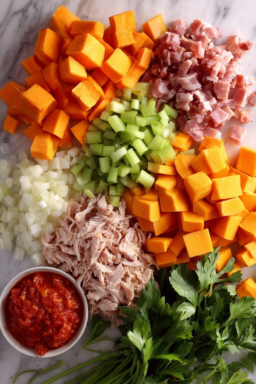Flat lay of diced bright orange carrots, crisp green celery sticks, finely chopped white onions, golden cubes of butternut squash, thin slices of pink pancetta, vibrant red passata, shredded cooked turkey meat, and fresh green parsley leaves, all beautifully arranged on a white marble surface, photo taken with an iphone --ar 2:3 --v 7 - Turkey and Butternut Squash Vegetable Soup, healthy turkey butternut squash soup, comforting vegetable soup with turkey, easy fall soup recipes, hearty squash and turkey soup