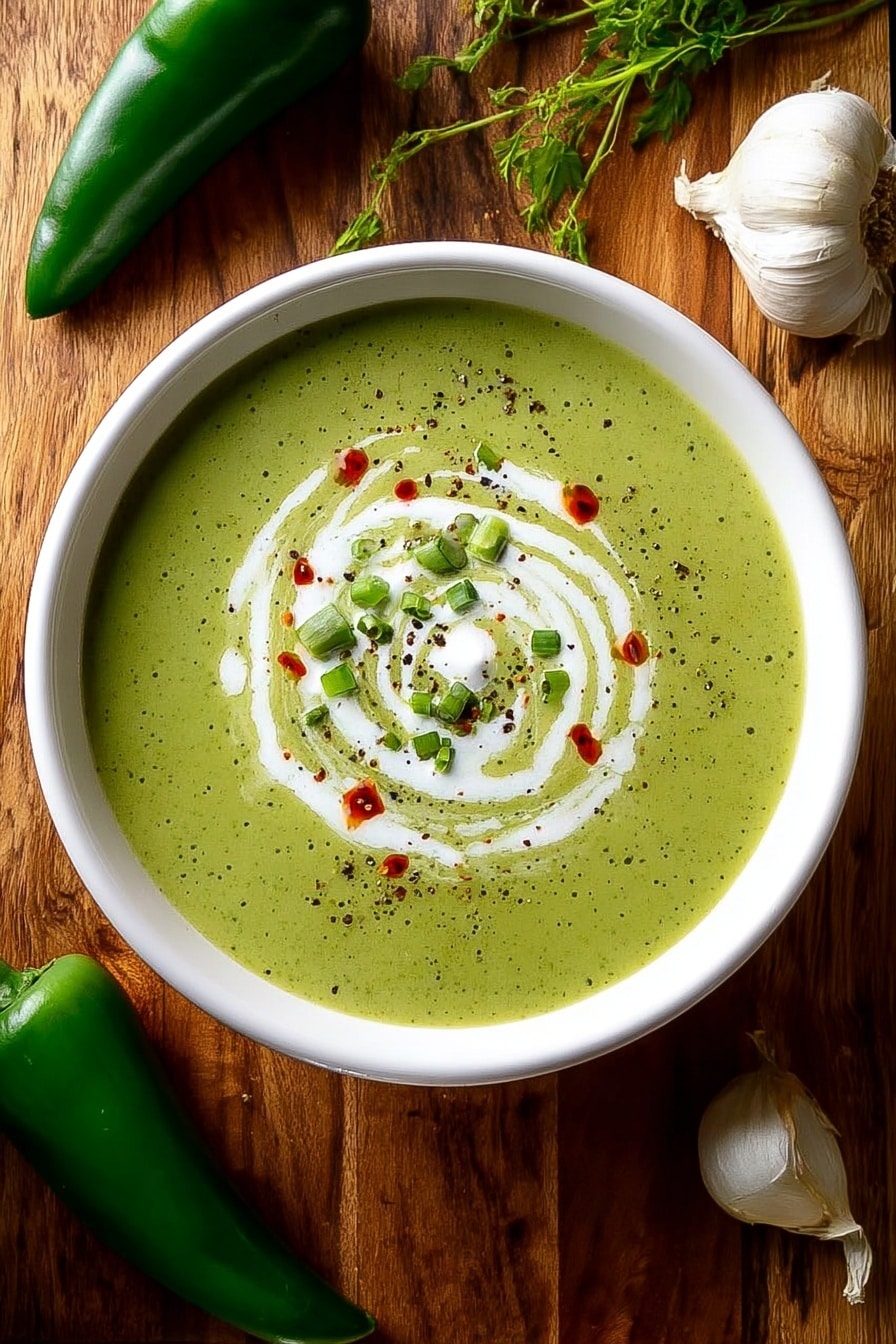 A white bowl filled with green soup that has a smooth texture, topped with a swirl of white cream, small red sauce droplets, and sprinkled black pepper and green bits, placed on a wooden surface with two green peppers, garlic, and sprigs of greenery around it, photo taken with an iphone --ar 2:3 --v 7 - Roasted Poblano Soup with Crema and Hot Sauce, smoky poblano soup, spicy roasted pepper soup, creamy poblano soup recipe, easy mexican pepper soup