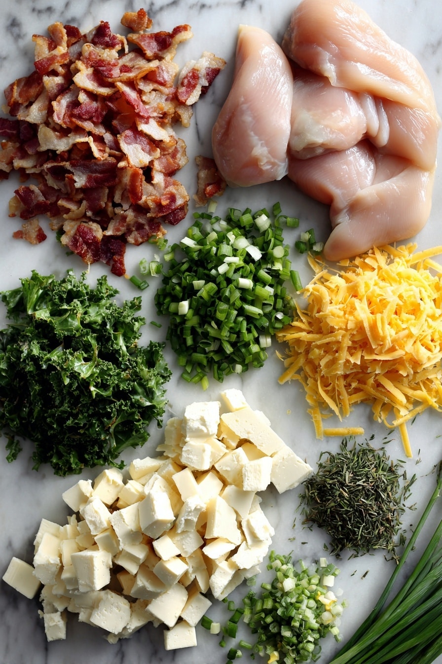 Flat lay of raw chicken breasts, crumbled crispy bacon, cubes of cream cheese, shredded sharp cheddar cheese, fresh chopped baby kale, sliced green scallions, dried dill weed, and dried chives, all beautifully arranged in small piles and clusters, placed on a white marble surface, photo taken with an iphone --ar 2:3 --v 7 - Slow Cooker Crack Chicken Soup, cheesy chicken soup, easy chicken soup recipes, Crockpot crack chicken, hearty chicken and bacon soup