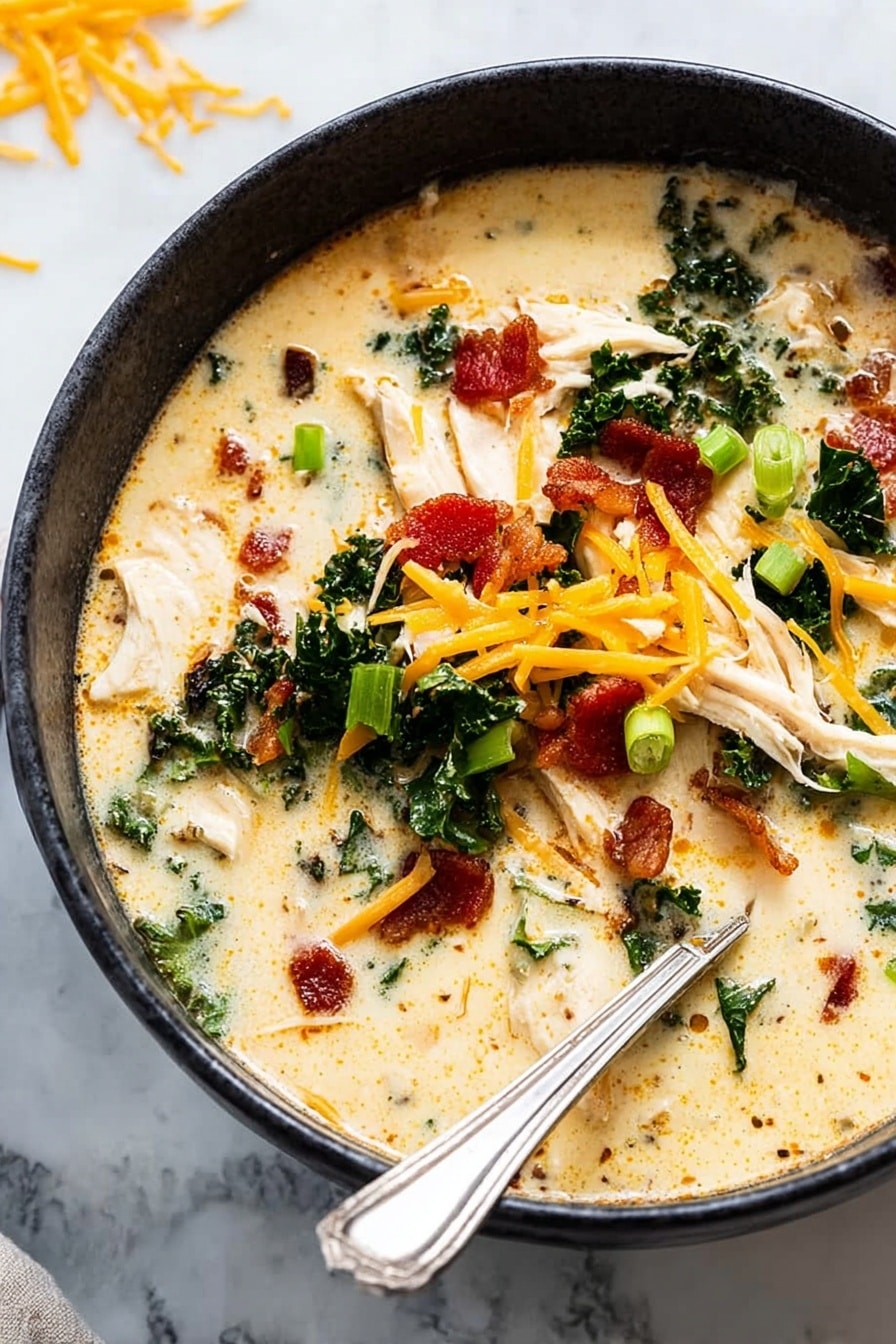 A black bowl filled with creamy soup that has a pale yellow color. Inside the soup are pieces of white shredded chicken, dark green kale leaves, crispy small red bacon bits, and small green onion slices. On top, there are thin strands of orange shredded cheese scattered. A silver spoon is resting on the right side in the bowl. The bowl is placed on a white marbled surface. photo taken with an iphone --ar 2:3 --v 7 - Slow Cooker Crack Chicken Soup, cheesy chicken soup, easy chicken soup recipes, Crockpot crack chicken, hearty chicken and bacon soup
