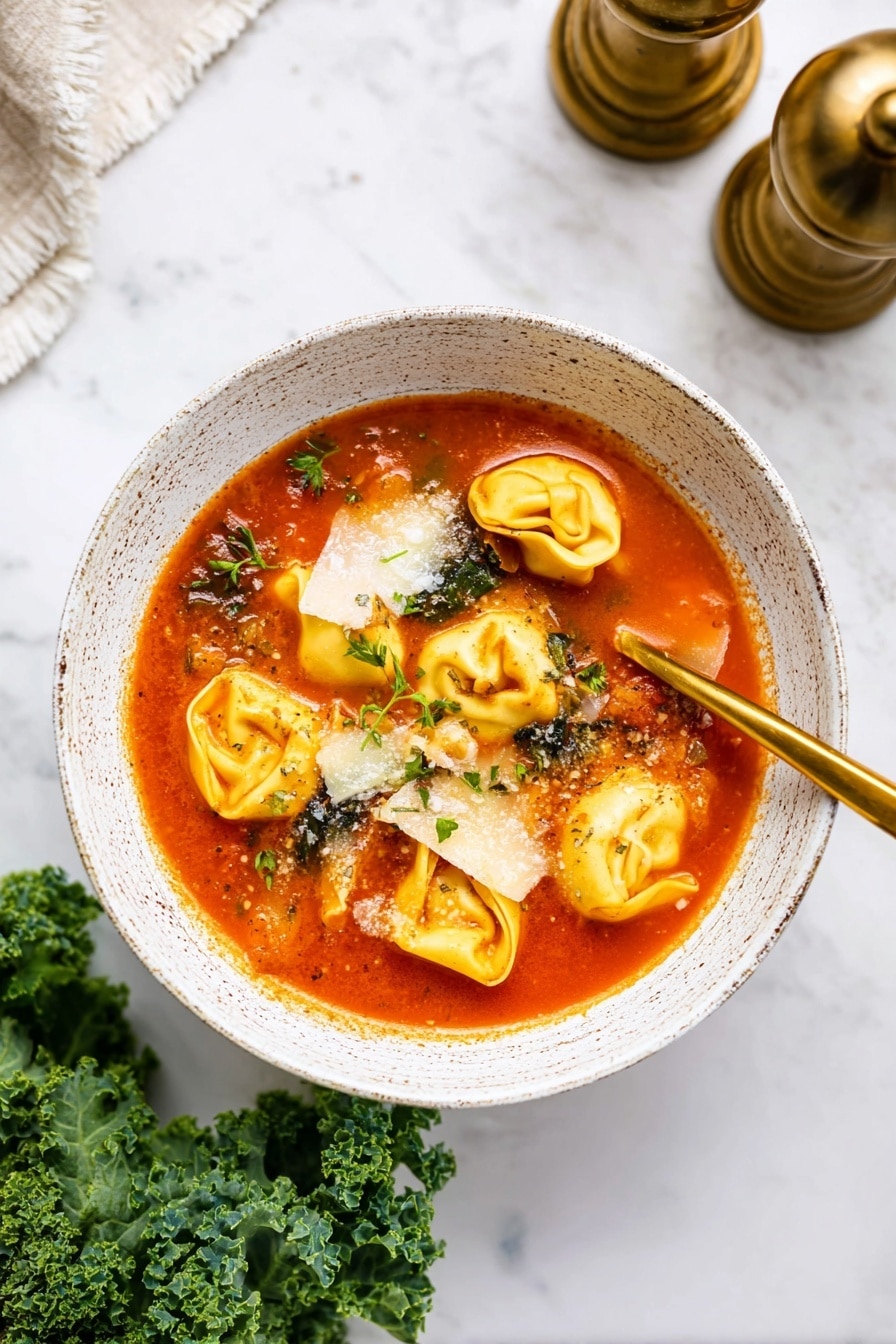 A white speckled bowl sits on a white marbled surface, filled with bright red tomato soup. Floating in the soup are several yellow tortellini pasta pieces with a smooth, slightly glossy texture. On top, thin shavings of light cream cheese are scattered unevenly, melting slightly into the soup. There are small bits of green herbs sprinkled over everything. A gold spoon rests inside the bowl, its handle stretched out to the side. In the background, some leafy green kale and two brass pepper mills add color and depth. Photo taken with an iphone --ar 2:3 --v 7 - Kale Tortellini Soup, kale tortellini soup recipe, hearty vegetable tortellini soup, quick kale tortellini dish, comforting pasta and greens soup