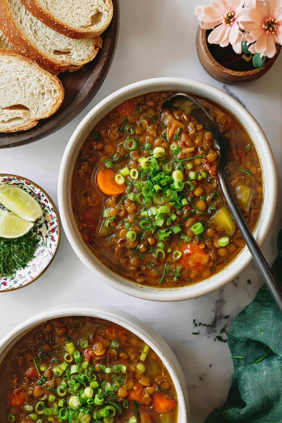 A close-up of a bowl filled with thick brown soup, showing visible pieces of vegetables and chunks of meat inside the broth. The soup is topped with freshly chopped green onions that add a bright green color contrast. The bowl is dark with a handle, placed on top of a green cloth on a white marbled surface. A metal spoon with a black handle is inside the bowl, partially submerged in the soup. In the background, there is another bowl and a small cup on the same white marbled surface, out of focus. Photo taken with an iphone --ar 2:3 --v 7 - Slow Cooker Lentil Soup with Potatoes, Carrots, and Greens, Healthy Lentil Soup, Easy Vegetarian Soup, Cozy Lentil and Vegetable Soup, Nourishing Slow Cooker Soup