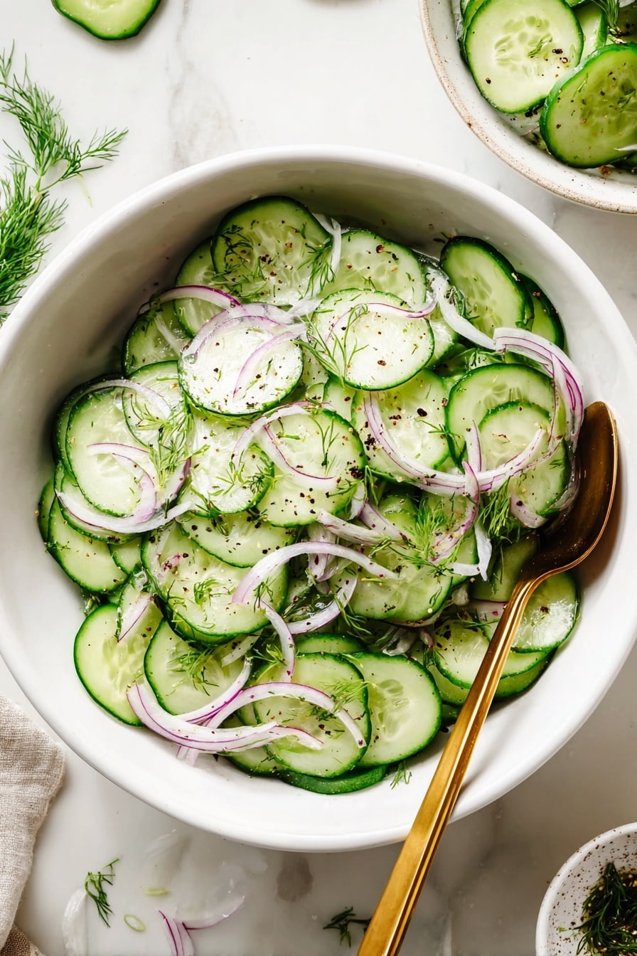 A white bowl filled with thin round slices of green cucumber layered evenly at the bottom, topped with thin strips of light purple onion and small pieces of green herbs scattered on top, with a few light green dill sprigs visible, all sprinkled with black pepper. A golden spoon rests inside the bowl on the right side. In the background, there is another white bowl filled with more thin onion slices, a quarter cucumber, and some scattered herbs on a white marbled surface. photo taken with an iphone --ar 2:3 --v 7 - Crisp Cucumber Salad with Red Onion, Dill, and Lemon Dressing, refreshing cucumber salad, easy summer salad, healthy cucumber recipes, citrus dill salad