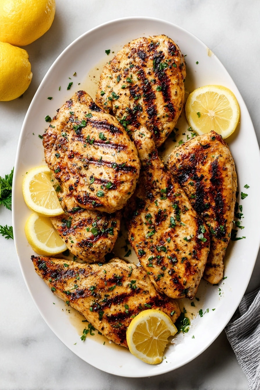 A white oval plate holds five grilled chicken pieces arranged in a slightly overlapping manner, each piece showing a golden-brown color with dark grill marks and sprinkled with green chopped herbs. Scattered among the chicken pieces are four lemon wedges adding a bright yellow color contrast. The plate sits on a white marbled surface, and in the top left corner, there is a halved lemon. The overall look is warm and fresh with a rustic grilled texture. photo taken with an iphone --ar 2:3 --v 7 - Yogurt Marinated Chicken Breast, tender chicken marinade, easy chicken dinner, healthy chicken recipes, juicy chicken breast