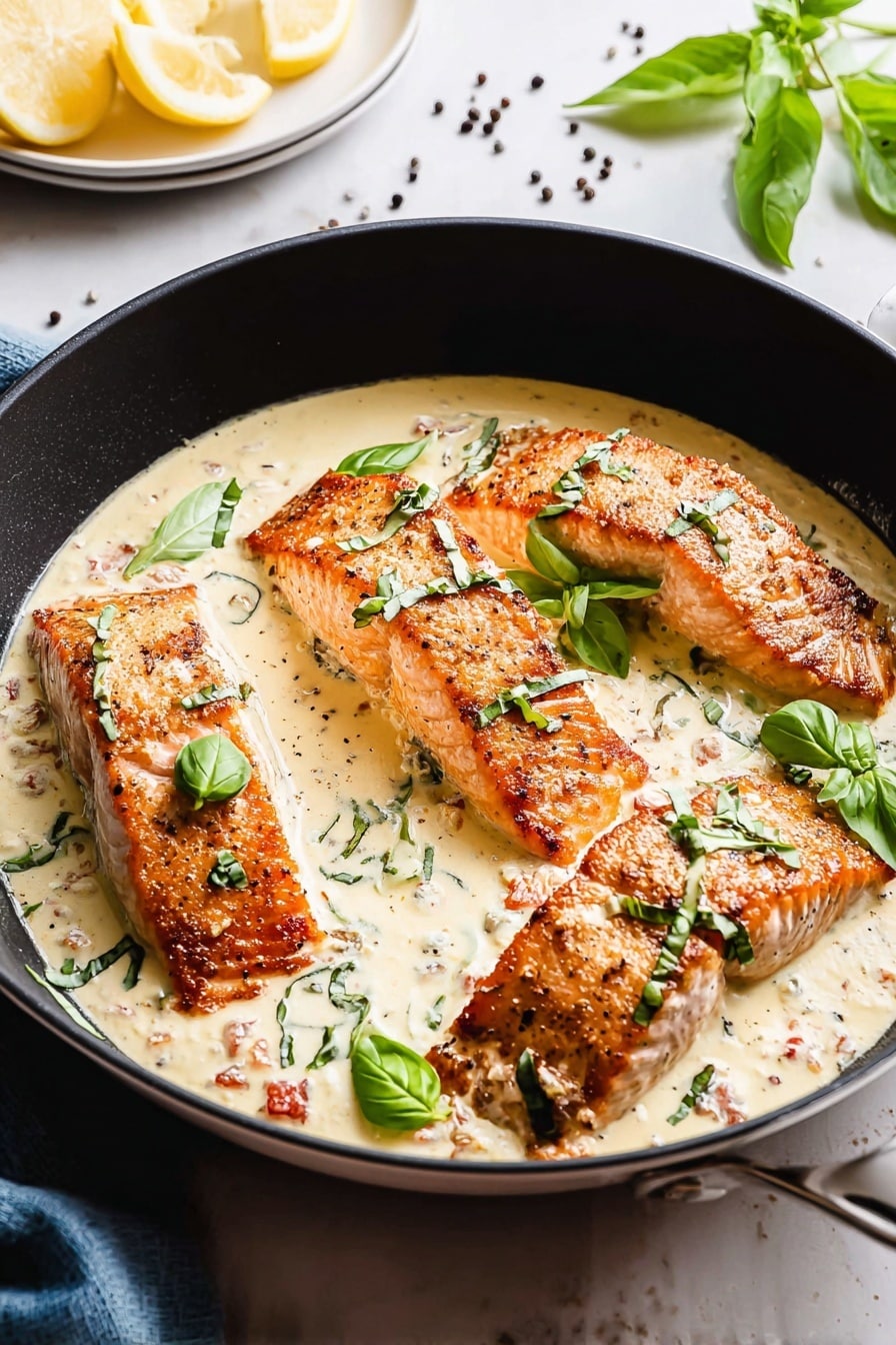 A black pan contains four pieces of cooked salmon with a crispy, golden-brown top layer. Each salmon piece is topped with a creamy white sauce mixed with small bits of red and brown, and garnished with fresh green basil leaves. The creamy sauce spreads slightly around the salmon, filling the bottom of the pan. Scattered around the pan on a white marbled surface are a few more basil leaves, some black pepper grains, and a white plate with lemon wedges in the blurred background. Photo taken with an iphone --ar 2:3 --v 7 - Marry Me Salmon, creamy Parmesan salmon, easy salmon dinner, quick weeknight salmon recipe, gourmet salmon with sun-dried tomatoes