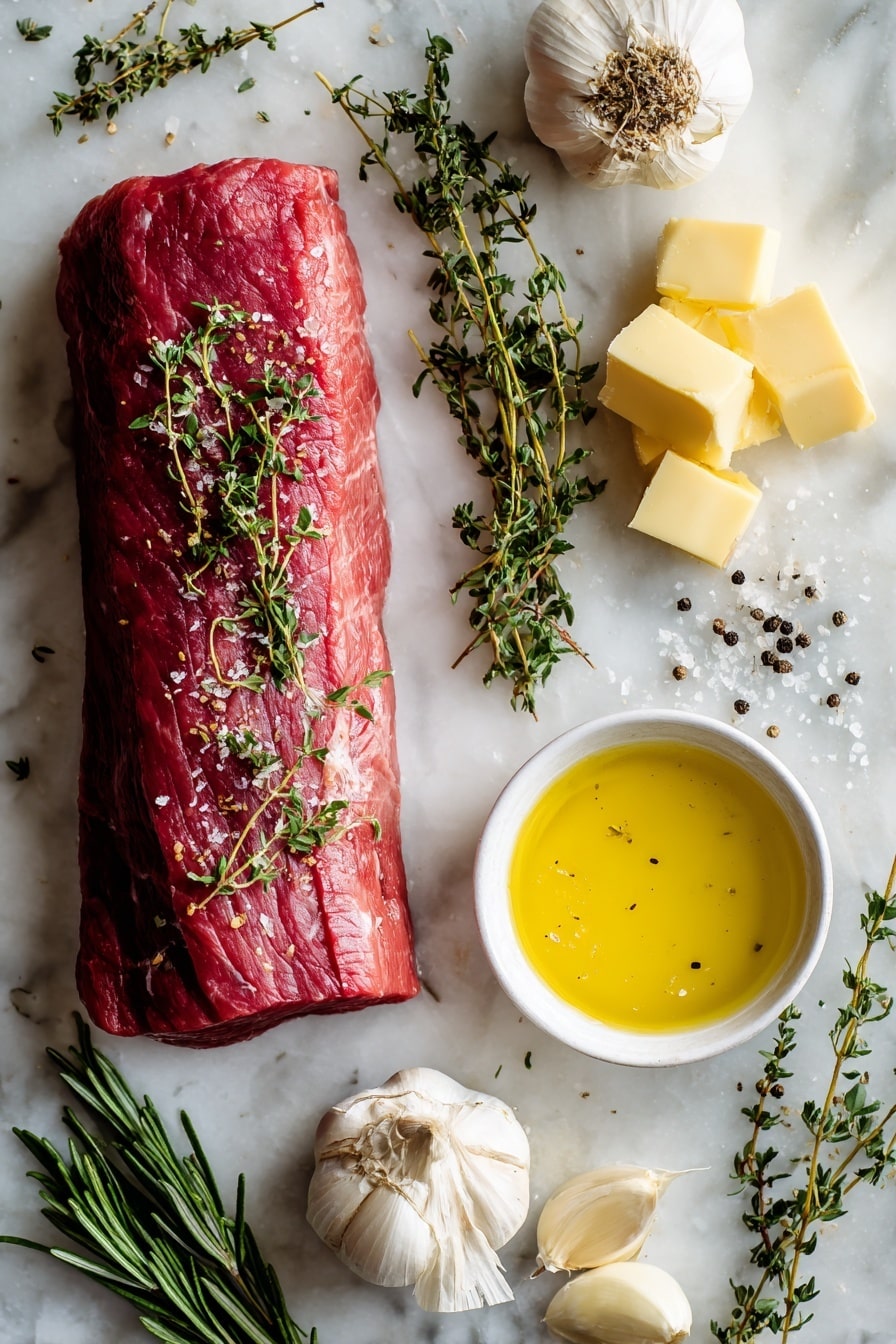 Flat lay of a whole raw beef tenderloin roast, a few sprigs of fresh rosemary and thyme leaves scattered delicately, six cloves of garlic peeled and minced, soft golden butter scooped into a small heap, and a small pool of rich olive oil, all beautifully arranged with a sprinkle of coarse black pepper on the side, placed on a white marble surface, photo taken with an iphone --ar 2:3 --v 7 - Garlic Butter Beef Tenderloin, Beef Tenderloin Recipe, Easy Beef Tenderloin, Juicy Beef Roast, Elegant Dinner Ideas