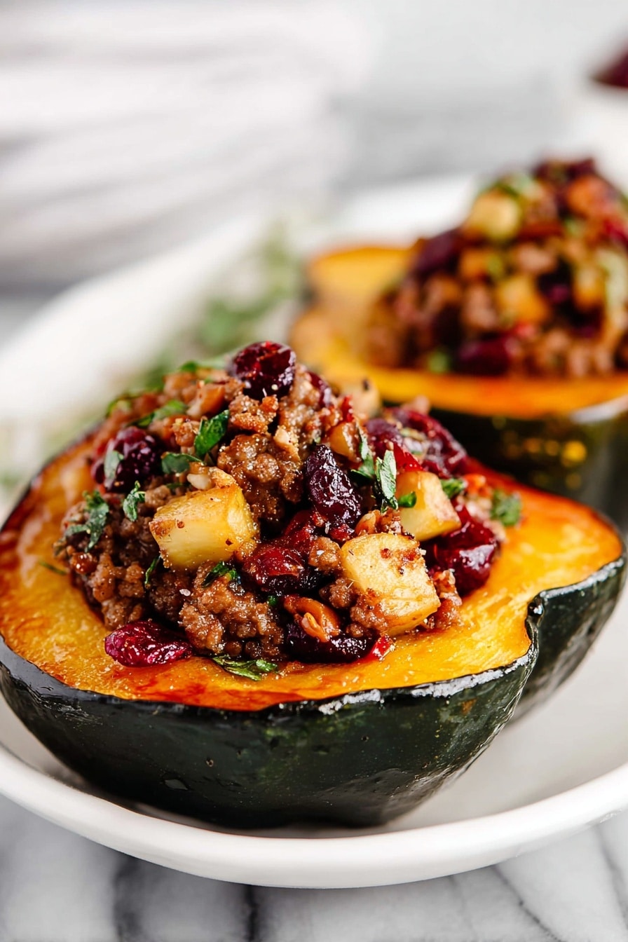 The image shows two halves of a dark green acorn squash, each filled with a layered mixture. The base layer is the roasted, slightly golden-orange flesh of the squash, soft with some browning edges. On top, there is a chunky filling made of browned ground meat mixed with small pieces of light orange fruit or vegetable, dark red dried cranberries, and green herb leaves, creating a mix of brown, orange, red, and green colors. The squash halves sit on a white plate, placed on a white marbled surface, with a blurred white background. photo taken with an iphone --ar 2:3 --v 7 - Sausage Stuffed Acorn Squash, stuffed acorn squash with sausage, savory stuffed squash recipes, fall comfort food recipes, baked acorn squash filling