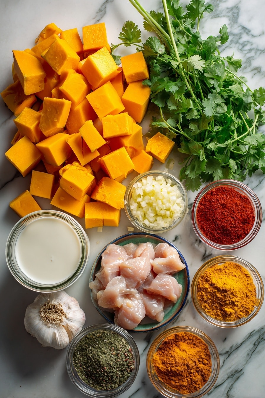 Flat lay of vibrant cubed butternut squash, fresh bright green cilantro leaves, chopped yellow onion, plump garlic cloves, a small pile of grated fresh ginger, rich red tomato paste, creamy white coconut milk in a clear jar, colorful mounds of garam masala, turmeric, and paprika spices, and smooth chunks of boneless chicken breast, all beautifully arranged on a white marble surface, photo taken with an iphone --ar 2:3 --v 7 - Creamy Butternut Squash Butter Chicken, butternut squash chicken dinner, spicy coconut chicken, comfort food recipes, easy healthy chicken dinner