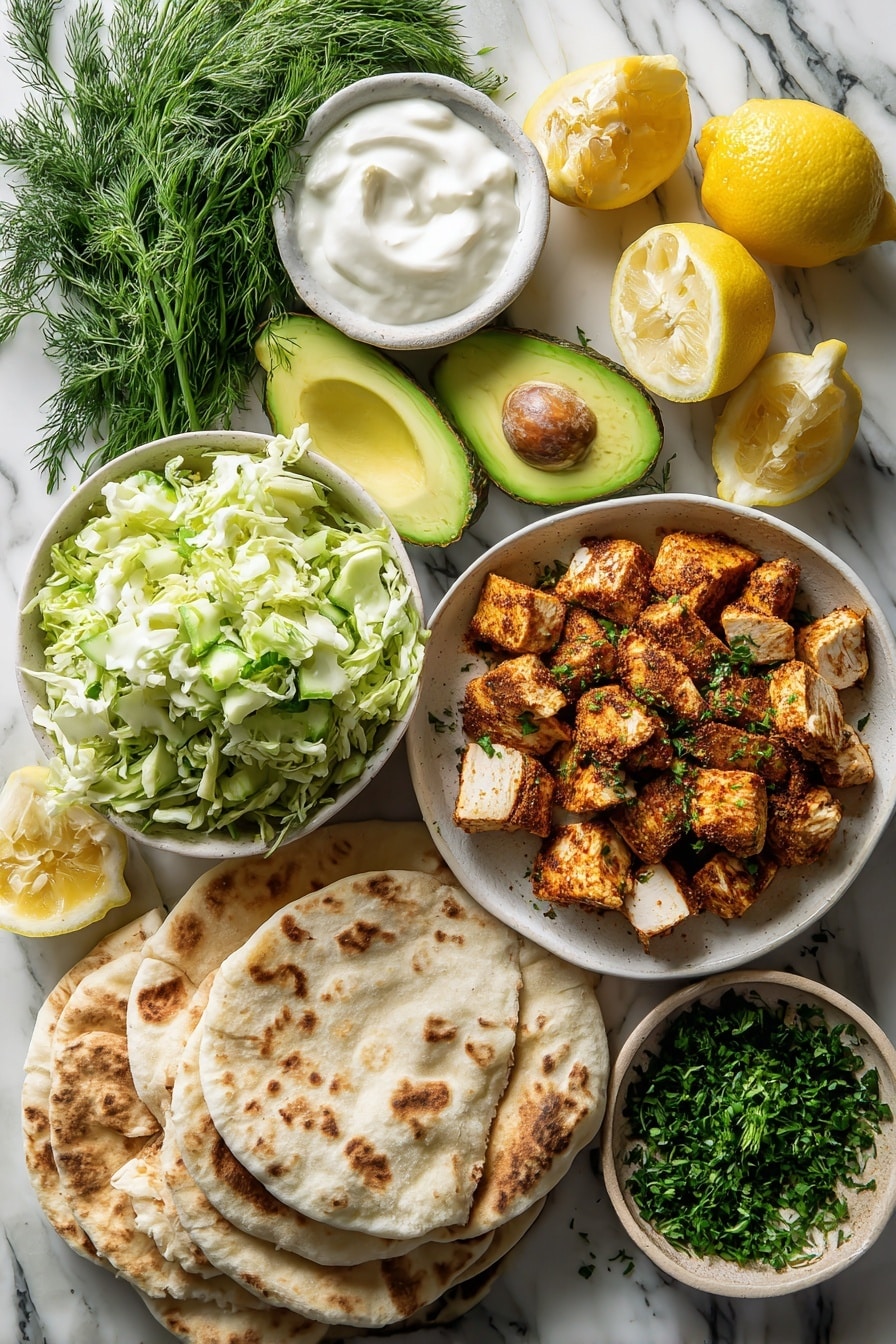 Flat lay of cubed ripe avocado, shredded green cabbage, boneless chicken breast pieces coated with brown sugar and smoked paprika, fresh lemon slices, finely chopped dill, parsley, and chives, creamy plain yogurt, and soft pita bread halves, all beautifully arranged with vibrant colors and fresh textures placed on a white marble surface, photo taken with an iphone --ar 2:3 --v 7 - Sheet Pan Chicken Pitas, Herby Ranch Slaw, easy chicken pitta recipe, healthy chicken pitas, flavorful sheet pan dinner