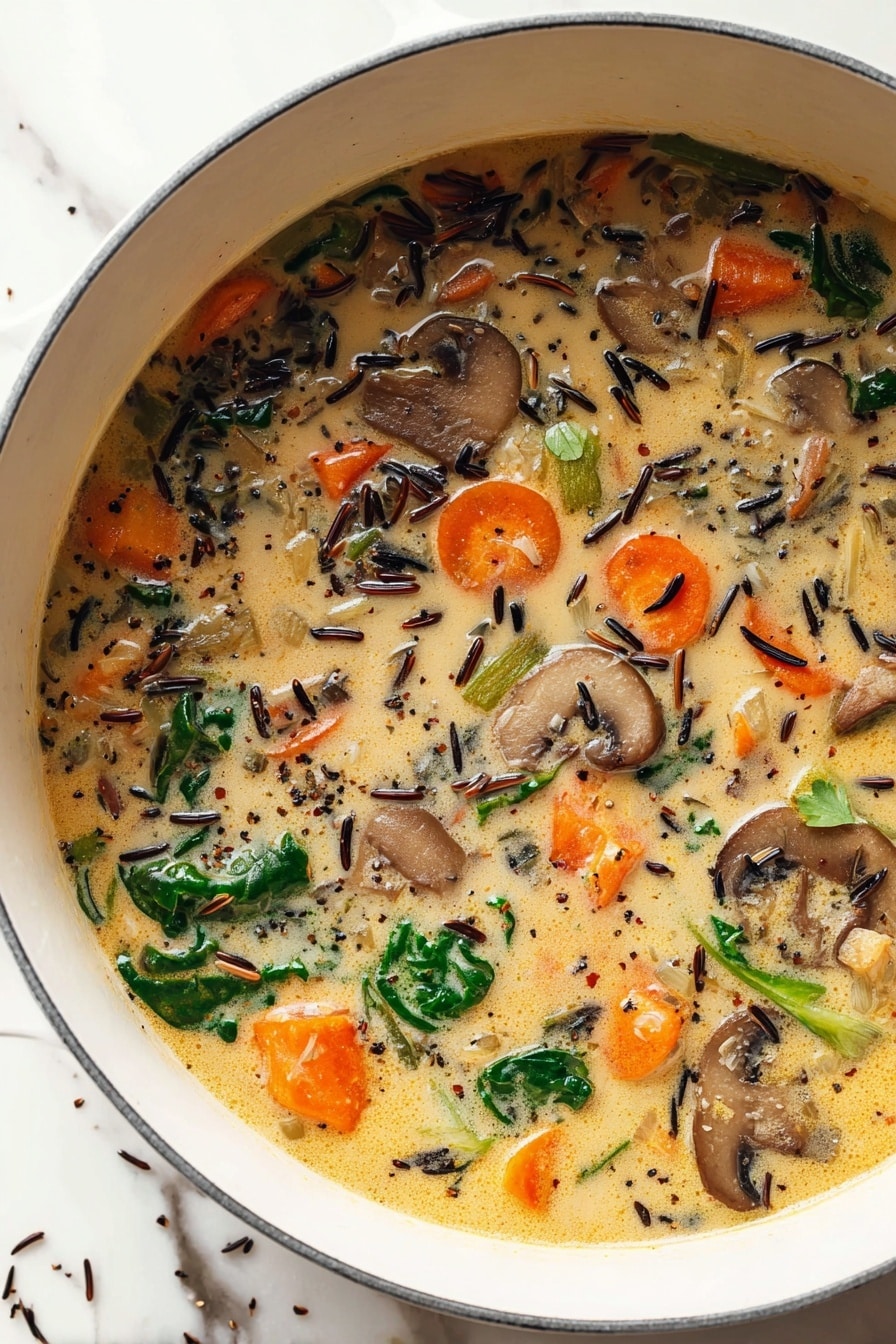 The image shows a creamy soup in a white pot with a gray rim, placed on a white marbled surface. The soup has at least four visible layers: the base is a thick light brown creamy broth with small black pepper specks scattered throughout; floating within the broth are soft orange carrot slices and chunk pieces with smooth texture; dark brown sliced mushrooms with curved edges are spread evenly; and bright green leafy vegetables add color contrast, some leaves whole and others chopped. Black wild rice grains mix with the ingredients, adding thin, elongated dark shapes scattered around. The photo taken with an iphone --ar 2:3 --v 7 - Cozy Autumn Wild Rice Soup, hearty wild rice soup, healthy autumn soup, vegan wild rice soup, comforting fall soup