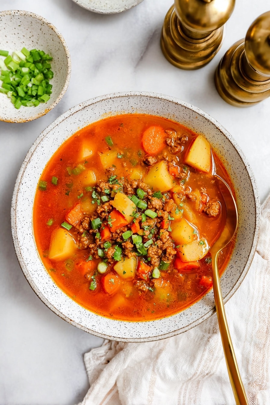 A white speckled bowl filled with a thick orange-red soup with visible chunks of yellow potatoes, orange carrots, and small bits of brown ground meat, topped with green chopped scallions scattered on top. A golden spoon is placed on the right side inside the bowl. The bowl sits on a white marbled surface, next to a small white speckled dish containing more chopped scallions and two brass pepper and salt grinders. A white cloth with light beige stripes is partly visible on the bottom right corner. Photo taken with an iphone --ar 2:3 --v 7 - Hearty Hamburger Soup with Potatoes and Vegetables, Comforting Ground Beef Soup, Easy Vegetable Soup Recipe, Rustic Hamburger Soup, Fall and Winter Soup Ideas
