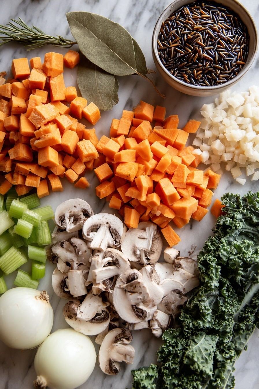 Flat lay of wild rice grains, sliced baby bella mushrooms, minced garlic cloves, diced orange sweet potato cubes, diced carrots, diced celery sticks, chopped green kale leaves, a small white onion whole, and a fresh bay leaf, all beautifully arranged with warm natural light highlighting the colors and textures, placed on a white marble surface, photo taken with an iphone --ar 2:3 --v 7 - Cozy Autumn Wild Rice Soup, hearty wild rice soup, healthy autumn soup, vegan wild rice soup, comforting fall soup