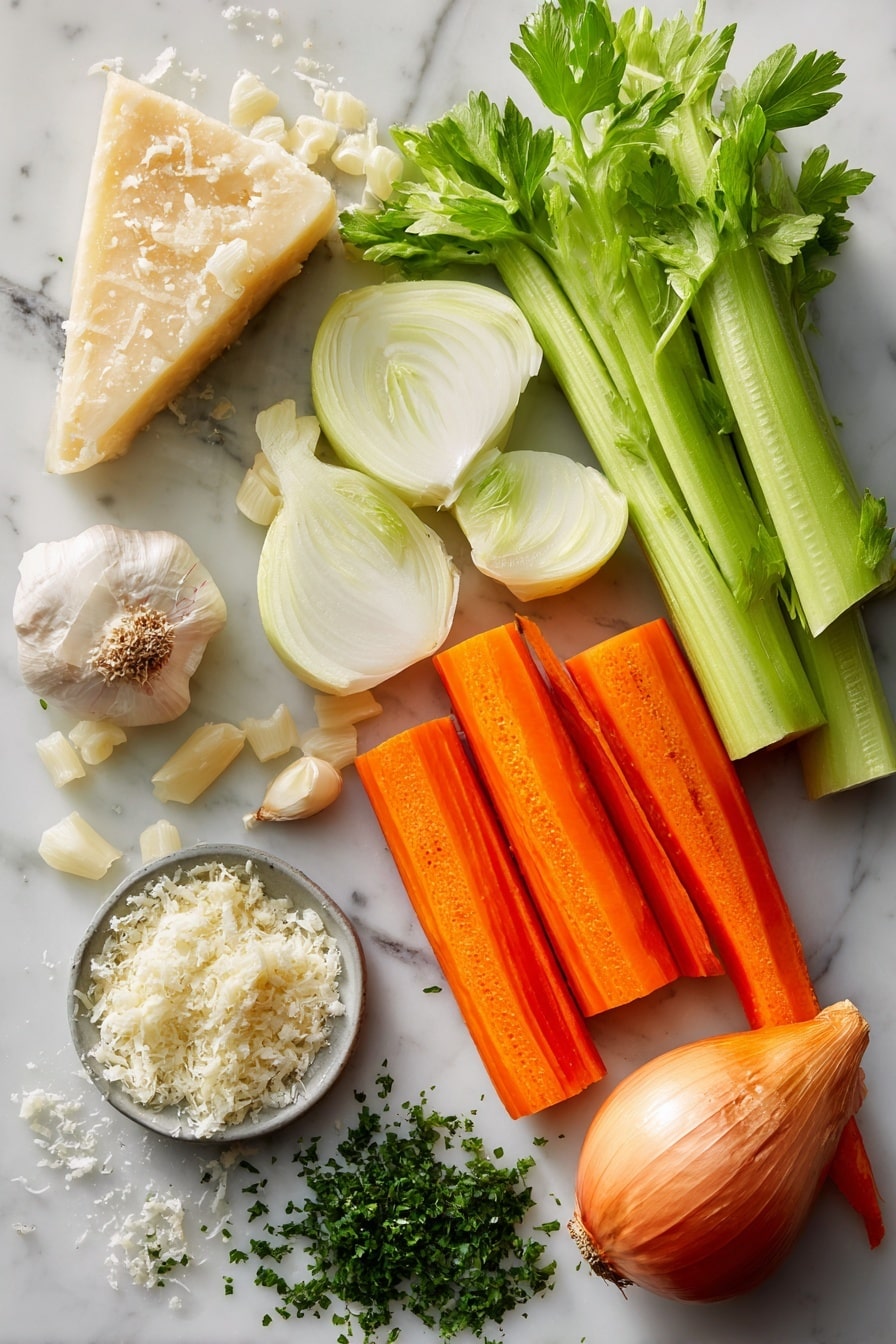Flat lay of bright orange carrot halves, fresh celery ribs cut into large pieces, a whole yellow onion sliced into thick wedges, several cloves of raw garlic, a wedge of pale ivory parmesan rind, small uncooked pastina pasta scattered elegantly, a handful of finely chopped green parsley leaves, and a small pile of grated parmesan cheese, all arranged neatly on a white marble surface, photo taken with an iphone --ar 2:3 --v 7 - Easy Pastina Soup, cozy Italian soup, quick comfort food, healthy pasta soup, homemade pastina broth