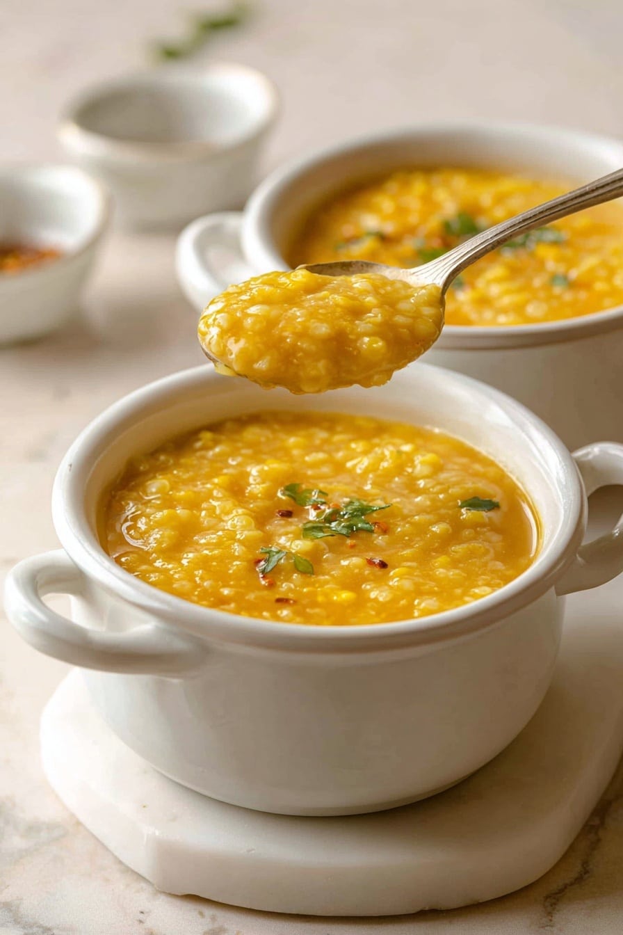 The image shows two white ceramic bowls filled with a thick yellow soup that has small round grains in it. The front bowl is on a white marbled board with handles on each side. A spoon is scooping a portion of the soup, lifting it above the bowl, showing the soup's shiny texture with small visible grains and some green herb leaves floating on top. The back bowl is partially visible behind the front bowl. The surface under the board is a white marbled texture. The background is soft and light with blurred small white bowls and a spoon. photo taken with an iphone --ar 2:3 --v 7 - Easy Pastina Soup, cozy Italian soup, quick comfort food, healthy pasta soup, homemade pastina broth