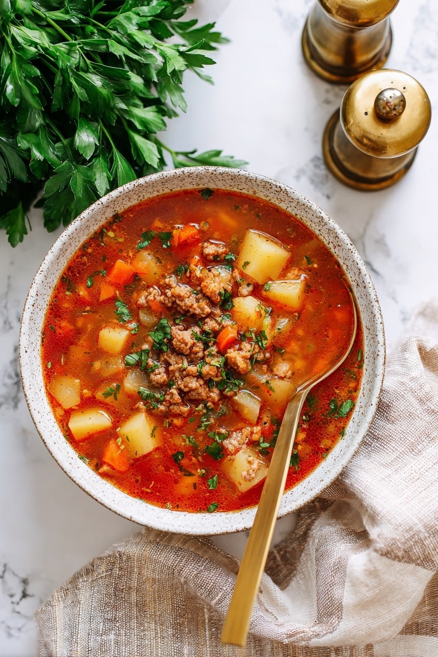 A white speckled bowl filled with a thick vegetable and meat soup, showing a rich red broth with soft chunks of light yellow potatoes, small pieces of minced brown meat, and diced orange carrots, scattered with green herbs on top; a brass spoon rests inside the bowl on the right side. Nearby is a fresh bunch of green parsley, two brass salt and pepper shakers, and a light beige cloth on a white marbled surface. Photo taken with an iphone --ar 2:3 --v 7 - Ground Turkey and Vegetable Soup, healthy ground turkey soup, quick vegetable soup recipe, nutritious turkey soup, easy vegetable soup