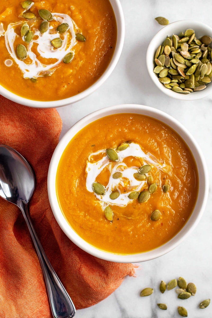 The image shows two white bowls filled with thick orange soup that has a smooth texture with some small chunks, each bowl topped with a swirl of white cream and scattered green pumpkin seeds. One bowl is placed on a folded orange cloth napkin, while another white bowl with more pumpkin seeds sits nearby. The scene is set on a white marbled surface, with a shiny silver spoon placed near the bottom left of the image. Photo taken with an iphone --ar 2:3 --v 7 - Spiced Pumpkin Soup with Coconut Cream and Toasted Pumpkin Seeds, pumpkin soup recipe, cozy fall soup, vegetarian pumpkin soup, healthy pumpkin soup