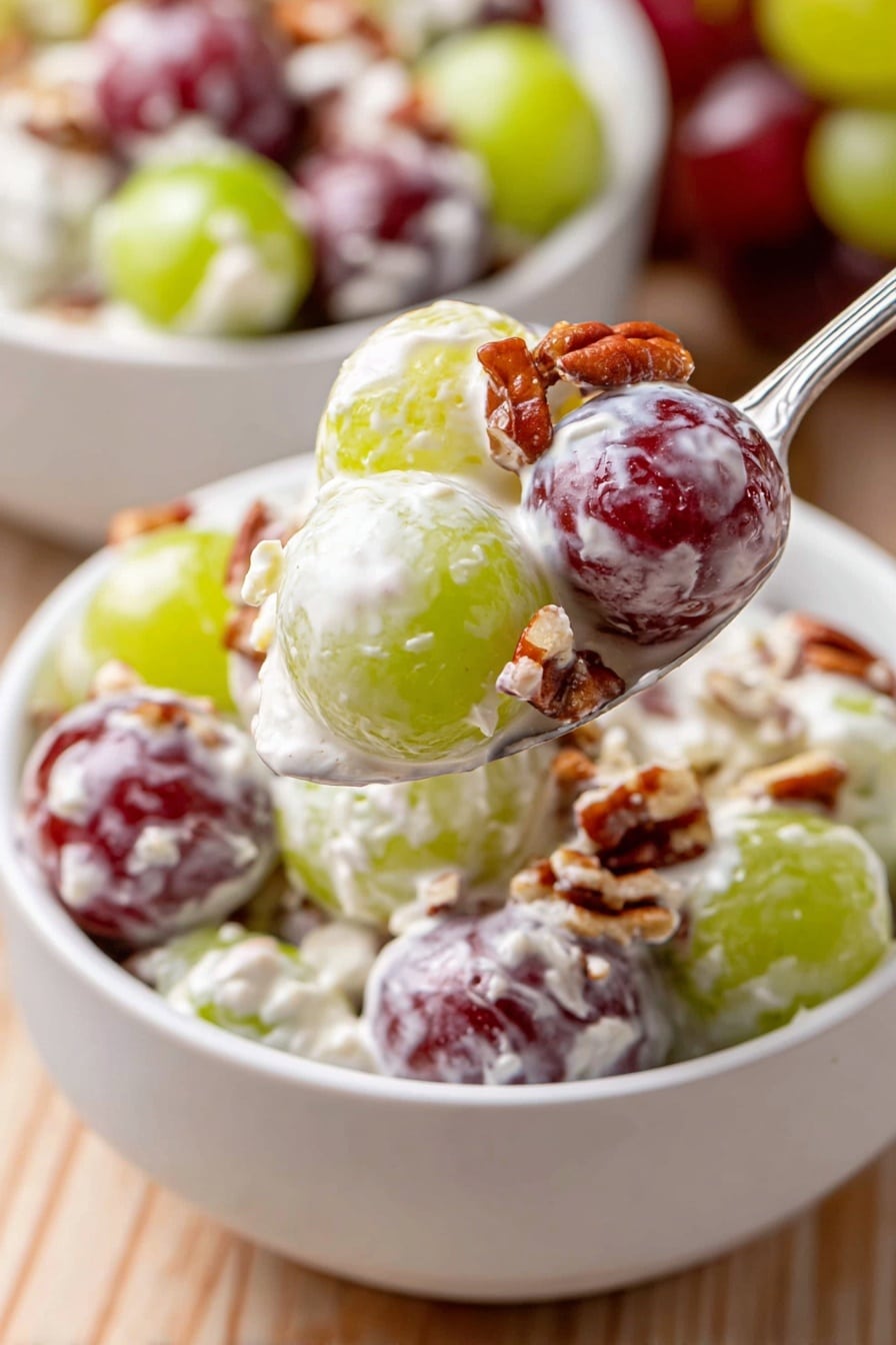 The image shows a close-up of a white bowl filled with a creamy salad made of two layers of grapes, green and red, covered with a thick white dressing that has a smooth texture with small bits in it. The red and green grapes are mixed together, and there are small pieces of brown pecans sprinkled on top, giving a crunchy contrast to the smooth cream and soft grapes. A silver spoon holds a scoop of the salad, showing three grapes covered in the creamy dressing and topped with pecans. The bowl and spoon rest on a light wooden surface, with the background slightly out of focus showing another white bowl of the same salad. The photo taken with an iphone --ar 2:3 --v 7 - Creamy Grape Salad with Pecans, grape salad recipe, easy fruit salad, creamy holiday salad, no-bake fruit dessert