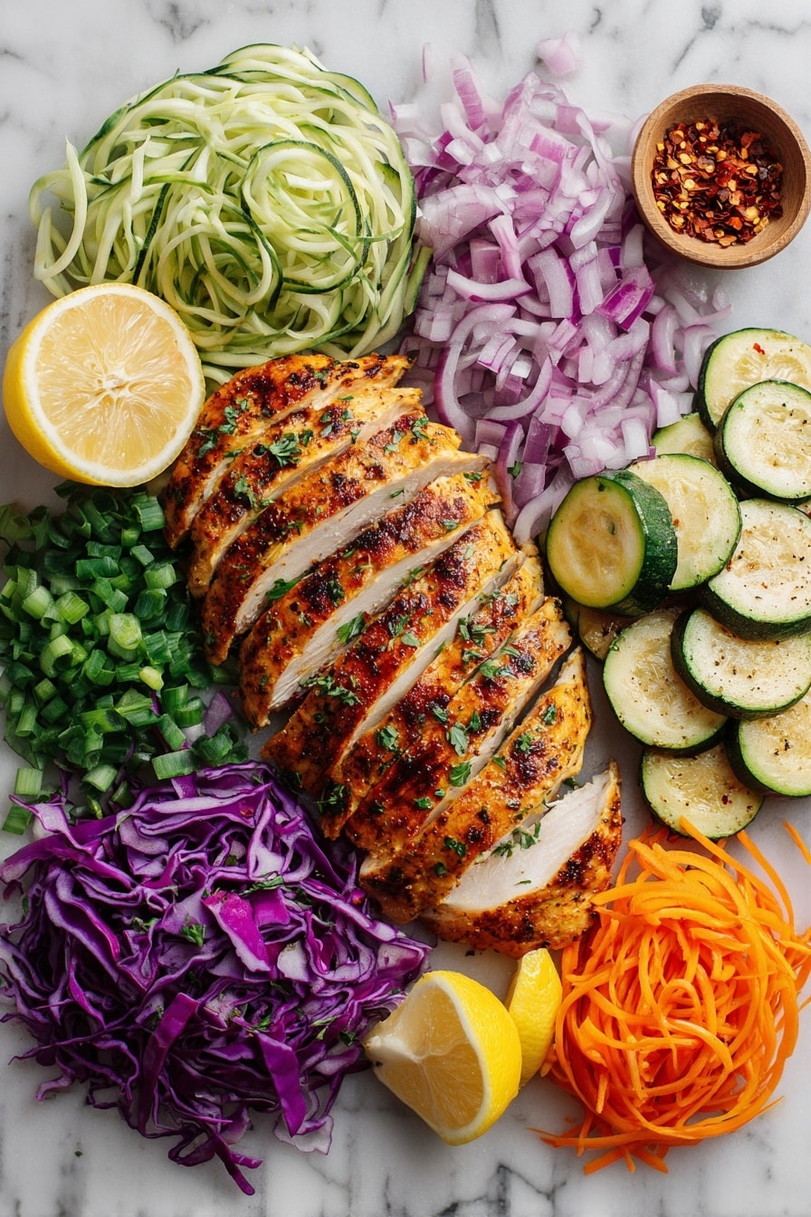 Flat lay of sliced grilled chicken breast seasoned with paprika and Italian herbs, vibrant shredded purple and green cabbage mix, thinly sliced green onions, bright orange shredded carrot, tender grilled zucchini slices, chopped red onions, and a halved fresh lemon placed alongside a small pile of crushed red pepper flakes, all arranged neatly on a white marble surface, photo taken with an iphone --ar 2:3 --v 7 - Grilled Chicken and Colorful Cabbage Salad with Zucchini and Lemon Dressing, healthy chicken salad, vibrant veggie salad, quick summer chicken salad, easy grilled chicken recipes
