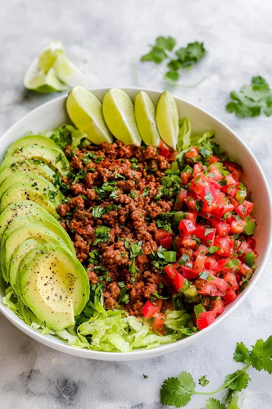 A white bowl is filled with four main layers visible from top view. The bottom layer is chopped light green lettuce covering the whole bowl. On the left side, there are thin slices of light green avocado with a sprinkle of black pepper, laid over the lettuce. In the center, there is a layer of cooked brown ground meat garnished with green herbs. On the right side, a colorful mix of diced red tomatoes, green bell peppers, and white onions also with some green herbs is placed. Two lime wedges sit on top of the ground meat near the center-top edge of the bowl. The bowl rests on a white marbled surface with some pieces of fresh green herb scattered nearby. Photo taken with an iphone --ar 2:3 --v 7 - Taco Salad with Spiced Ground Beef, Fresh Salsa, and Avocado, easy taco salad, healthy taco salad recipe, quick dinner salads, flavorful beef taco salad, Mexican-inspired salads