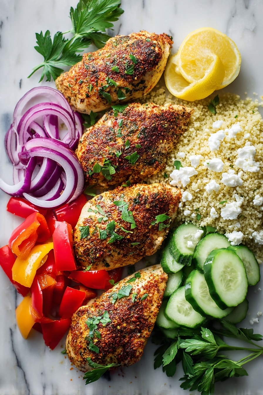 Flat lay of organic chicken breasts seasoned with Italian herbs and paprika, fluffy Moroccan couscous grains, bright red chopped bell peppers, fresh green cucumber pieces, thin slices of red onion, crumbly white feta cheese, fresh green parsley leaves, and lemon wedges, all beautifully arranged on a white marble surface, photo taken with an iphone --ar 2:3 --v 7 - Chicken Couscous Salad with Roasted Spiced Chicken and Fresh Vegetables, healthy chicken couscous salad, quick summer salad recipes, flavorful chicken salad, easy couscous recipes