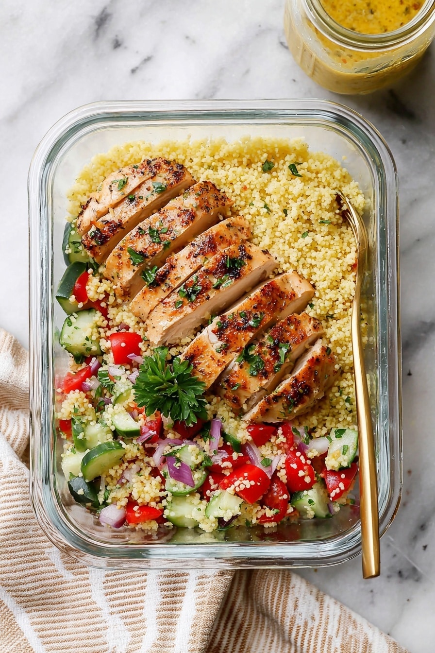 A clear glass rectangular container holds a dish with two main layers. The bottom layer is a colorful couscous salad made of small yellow couscous grains mixed with chopped red tomatoes, diced green cucumbers, and small bits of red onion, all sprinkled lightly with green herbs. On top of the salad sits a row of evenly sliced cooked chicken with a browned and slightly speckled surface, garnished with small green herb flakes. A small green parsley leaf rests on the couscous near the chicken. A gold-colored spoon is placed inside the container on the right side, partially under the chicken. The container is set on a white marbled surface next to a glass jar with yellow sauce and a striped beige and white cloth. Photo taken with an iphone --ar 2:3 --v 7 - Chicken Couscous Salad with Roasted Spiced Chicken and Fresh Vegetables, healthy chicken couscous salad, quick summer salad recipes, flavorful chicken salad, easy couscous recipes