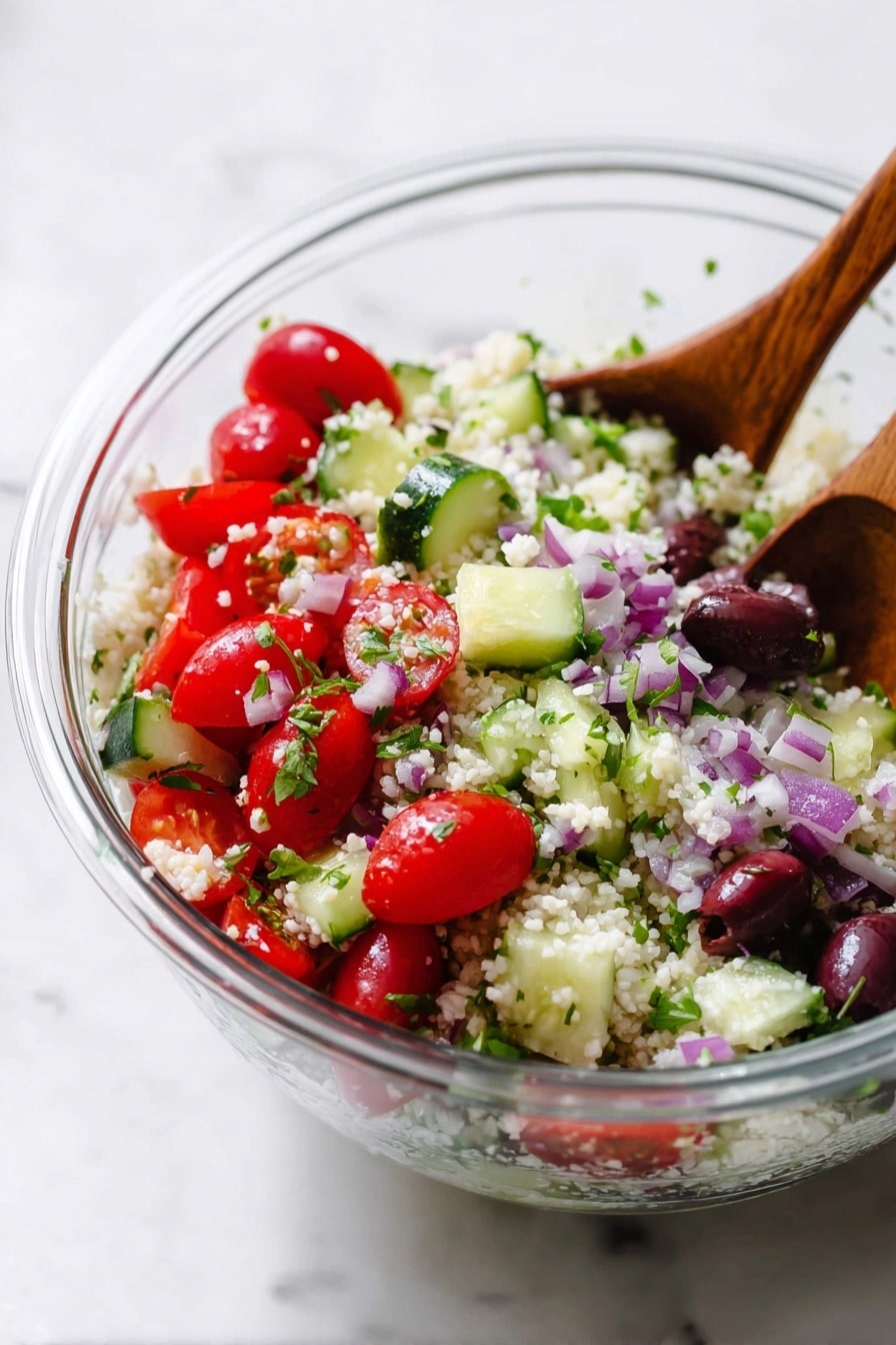 A clear glass bowl filled with three main layers of a fresh salad: the bottom and middle layers consist mostly of small white grains mixed with light green cucumber chunks and some scattered pieces of red onion; the top layer shows bright red grape tomato halves, dark purple olives, more chopped red onion, and finely chopped green herbs sprinkled over everything. Two wooden salad spoons rest inside the bowl on the left side. The bowl sits on a white marbled surface. photo taken with an iphone --ar 2:3 --v 7 - Mediterranean Cauliflower Salad, healthy cauliflower salad, vegan cauliflower salad, quick veggie salad, low-carb cauliflower dish