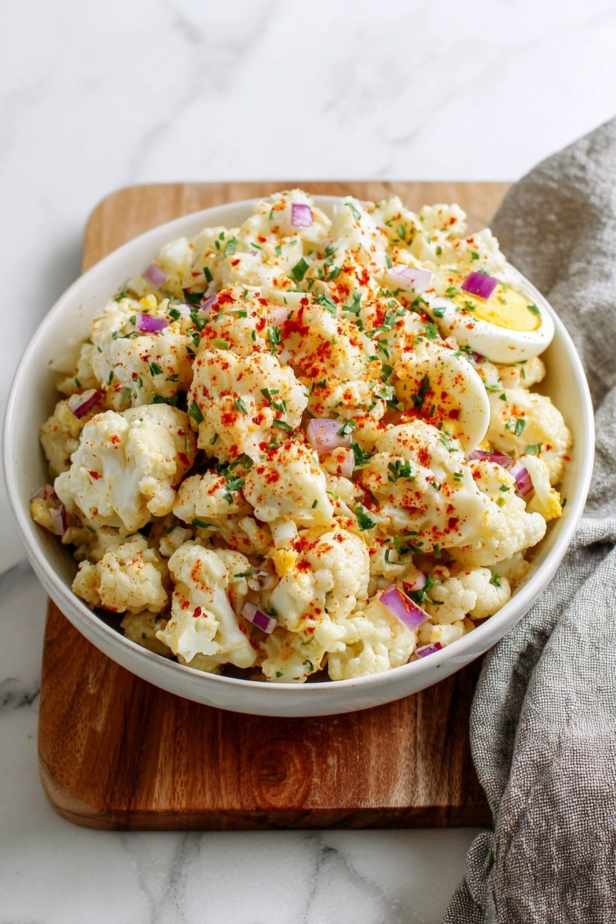 A large white bowl filled with a creamy cauliflower salad sits on a wooden board above a white marbled surface. The dish has small cauliflower pieces, finely chopped purple onions, and bits of hard-boiled egg, all mixed with a light creamy dressing. The salad is topped with a sprinkle of red paprika and green chopped herbs, adding bright spots of color to the pale mix. A soft gray cloth is placed nearby on the white marbled surface. Photo taken with an iphone --ar 2:3 --v 7 - Cauliflower Potato Salad, healthy cauliflower salad, light potato salad, veggie side dish, easy cauliflower potato salad