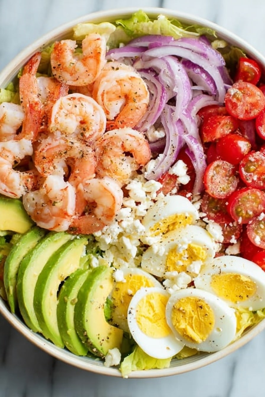 A white bowl filled with a colorful salad is arranged in four main sections. The top left has pink cooked shrimp with a slight shine, placed on green lettuce. The center top has bright green avocado slices fanned out gently. The top right section shows red cherry tomato halves and thin purple onion rings scattered with white cheese crumbles. The bottom right contains yellow hard-boiled egg slices topped with more purple onion rings and white cheese bits. The whole dish rests on a white marbled surface. Photo taken with an iphone --ar 2:3 --v 7 - Shrimp Avocado Tomato Salad, healthy seafood salad, quick shrimp salad, easy avocado salad, light summer salad