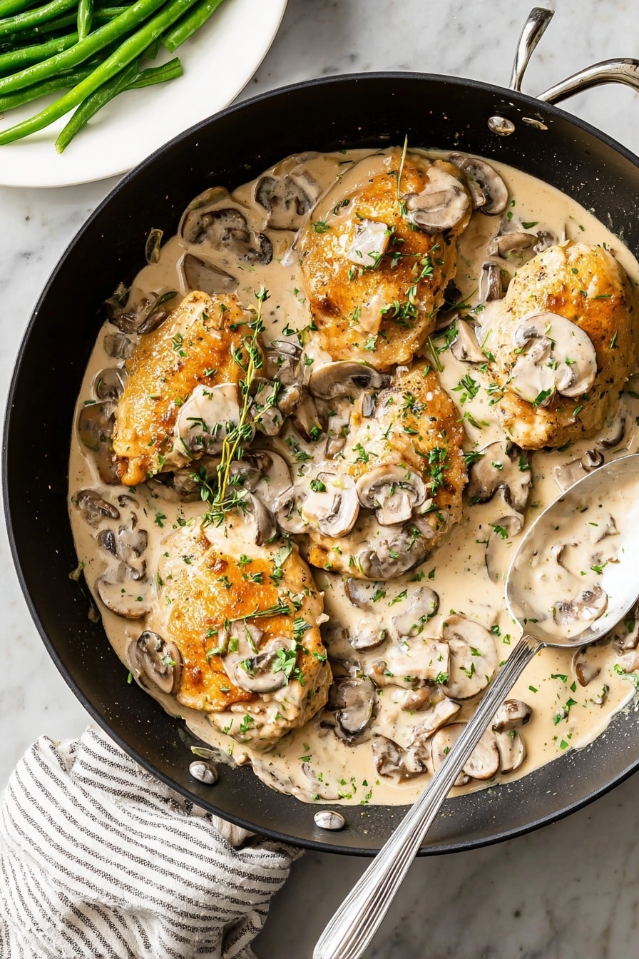 A black pan with four pieces of golden brown cooked chicken in a creamy light beige mushroom sauce. The sauce has many sliced mushrooms mixed in, all covered with small bits of green herbs like chopped chives and thyme scattered over the chicken and sauce. A silver spoon rests in the sauce on the right side of the pan. In the top left corner, a white plate with bright green cooked green beans is partly visible. The pan is placed on a white marbled surface with a striped cloth under the pan's handle. Photo taken with an iphone --ar 2:3 --v 7 - Creamy Mushroom Chicken, easy mushroom chicken recipe, healthy chicken dinner, restaurant-style chicken with mushrooms, quick creamy chicken