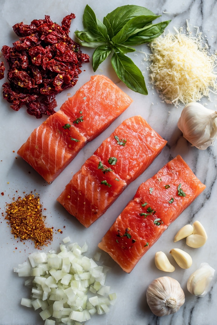 Flat lay of four fresh, pink salmon fillets skinless and glistening, a small mound of bright red chopped sun-dried tomatoes, scattered thin slices of fresh green basil leaves, a pile of finely diced white onion, two peeled garlic cloves, a small heap of golden paprika powder, a spoonful of grated Parmesan cheese, and a dash of red chili flakes, all beautifully arranged on a white marble surface, photo taken with an iphone --ar 2:3 --v 7 - Marry Me Salmon, creamy Parmesan salmon, easy salmon dinner, quick weeknight salmon recipe, gourmet salmon with sun-dried tomatoes