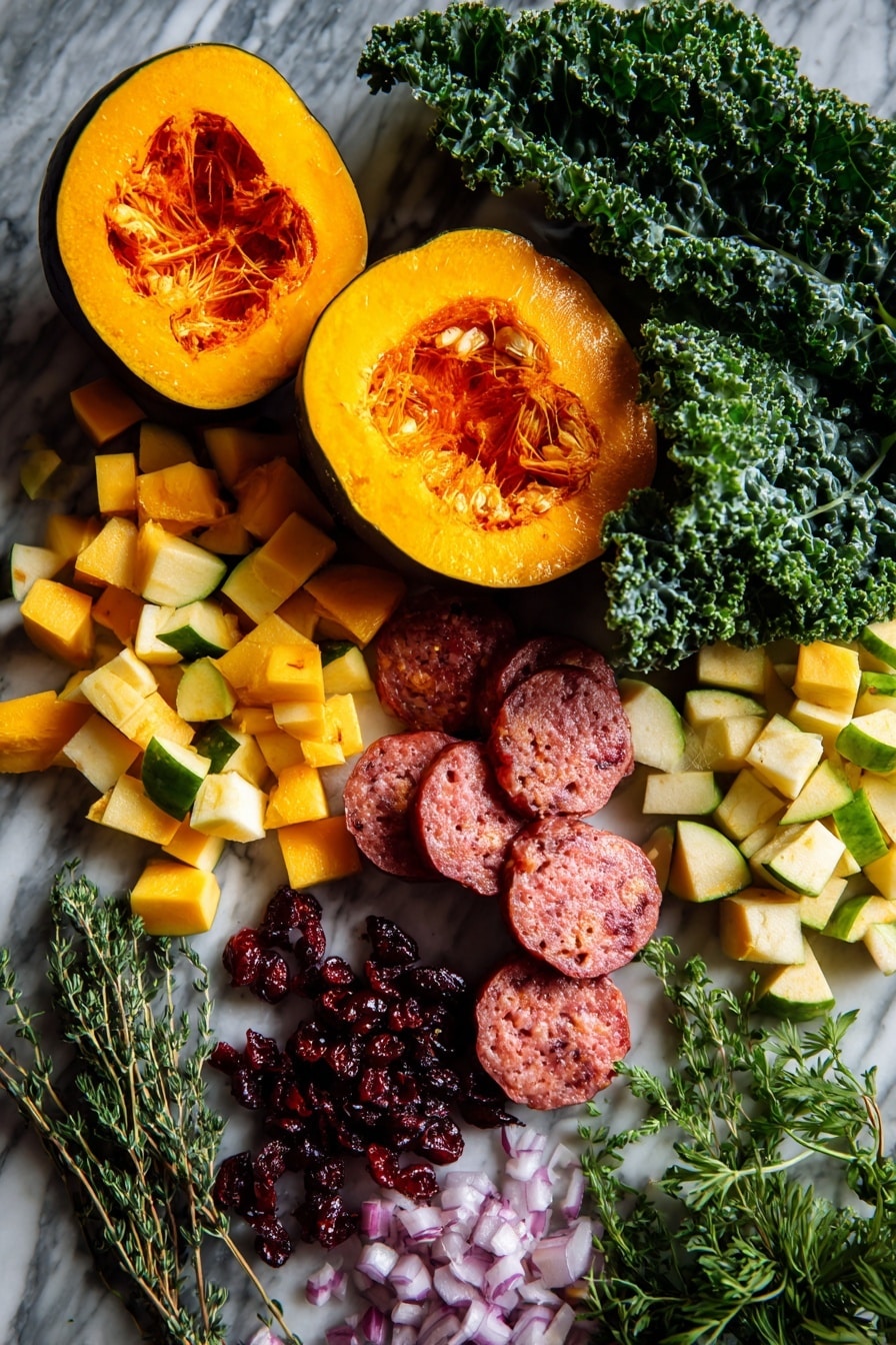 Flat lay of halved acorn squash with deep orange flesh, bright red Italian sausage links, chopped red onion pieces, green bell pepper chunks, diced crisp Honeycrisp apple cubes, fresh thyme sprigs, vibrant dark green kale leaves, scattered dried cranberries, and sprigs of fresh parsley, all beautifully arranged to show their colors and textures, placed on a white marble surface, photo taken with an iphone --ar 2:3 --v 7 - Sausage Stuffed Acorn Squash, stuffed acorn squash with sausage, savory stuffed squash recipes, fall comfort food recipes, baked acorn squash filling