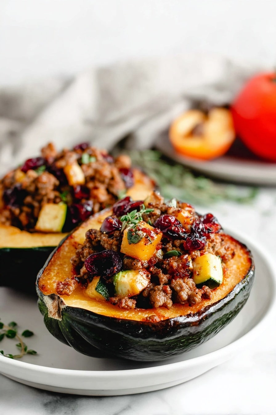 The image shows two halves of roasted acorn squash filled with a mix of browned ground meat, small diced light yellow and orange vegetables, dark red cranberries, and fresh green herbs on top. The acorn squash is dark green on the outside and soft orange on the inside with a slightly charred edge. The stuffed squash pieces sit on a white plate placed on a white marbled surface. In the blurred background, there are additional cut squash pieces and a tomato, with a light gray cloth partially visible on the right side. The lighting is bright and natural, highlighting the textures and colors of the food photo taken with an iphone --ar 2:3 --v 7 - Sausage Stuffed Acorn Squash, stuffed acorn squash with sausage, savory stuffed squash recipes, fall comfort food recipes, baked acorn squash filling