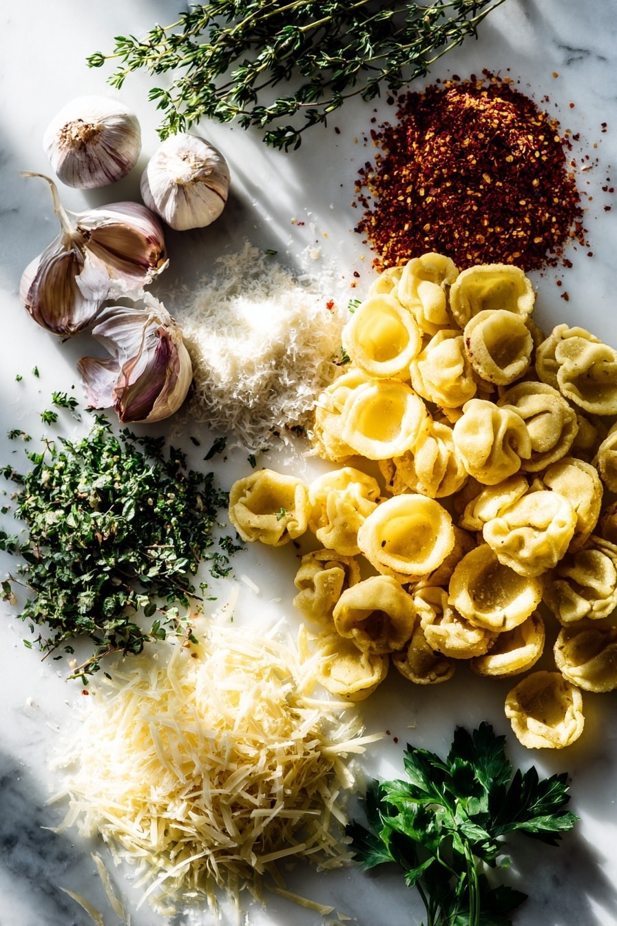 Flat lay of golden caramelized yellow onion rings, fresh garlic cloves, bright red pepper flakes, small mound of granulated beef bouillon, vibrant green fresh parsley and thyme sprigs, handfuls of shredded Gruyere and Parmesan cheese, and short orecchiette pasta, all beautifully arranged with natural light highlighting their textures and colors, placed on a white marble surface, photo taken with an iphone --ar 2:3 --v 7 - French Onion Pasta with Caramelized Onions and Melted Gruyère, French onion pasta, caramelized onion pasta, cheesy pasta recipes, hearty pasta dishes