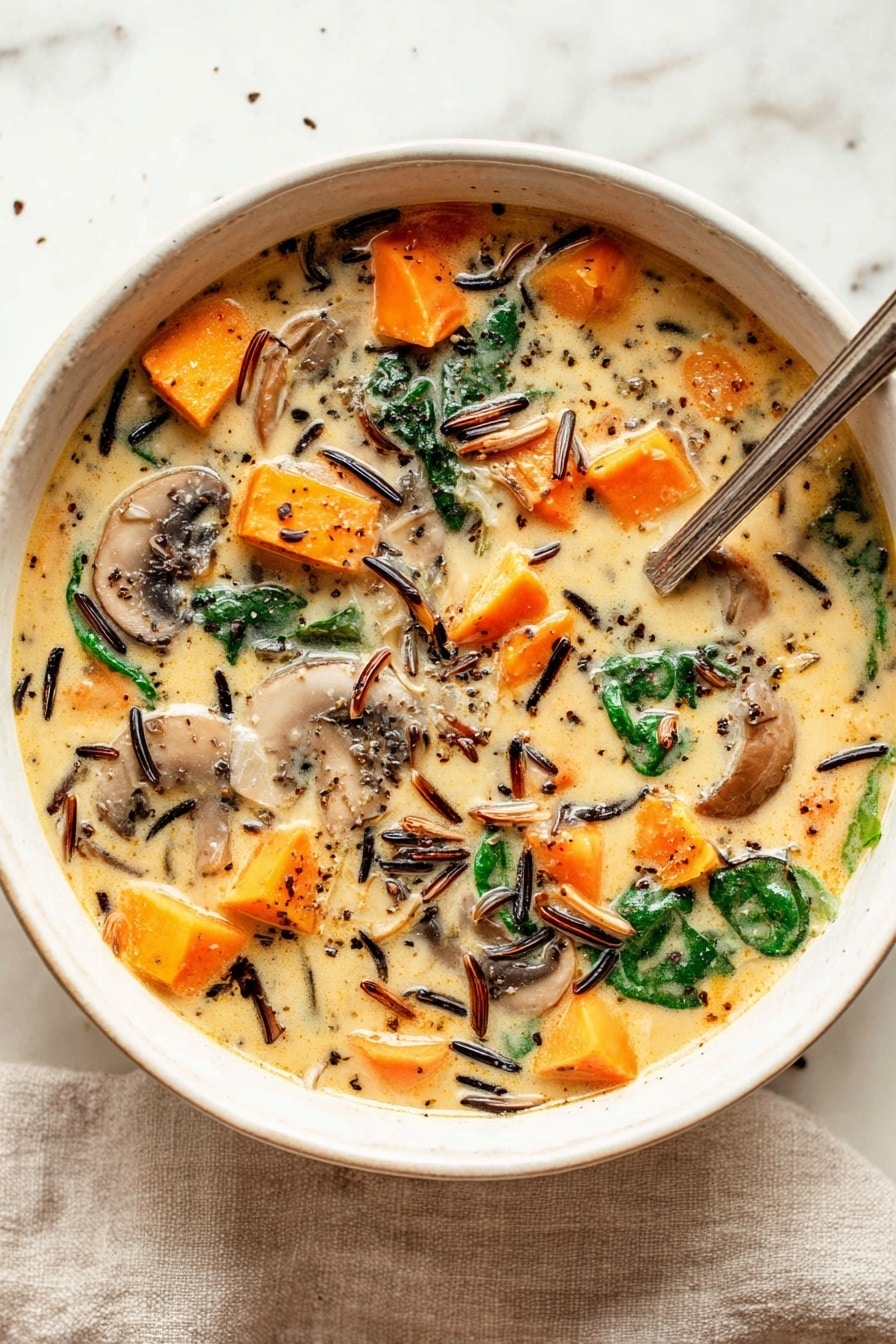 A white bowl filled with creamy soup showing three main layers: bright orange cubes of carrots and sweet potatoes, grayish-brown slices of mushrooms, and dark green spinach leaves spread throughout. The creamy broth is light beige and thick, with visible black pepper specks on top. Some long black wild rice grains float in the soup, adding a thin, dark texture. A shiny silver spoon rests inside the bowl, leaning on the edge, and the bowl sits on a light beige cloth on a white marbled surface. Photo taken with an iphone --ar 2:3 --v 7 - Cozy Autumn Wild Rice Soup, hearty wild rice soup, healthy autumn soup, vegan wild rice soup, comforting fall soup