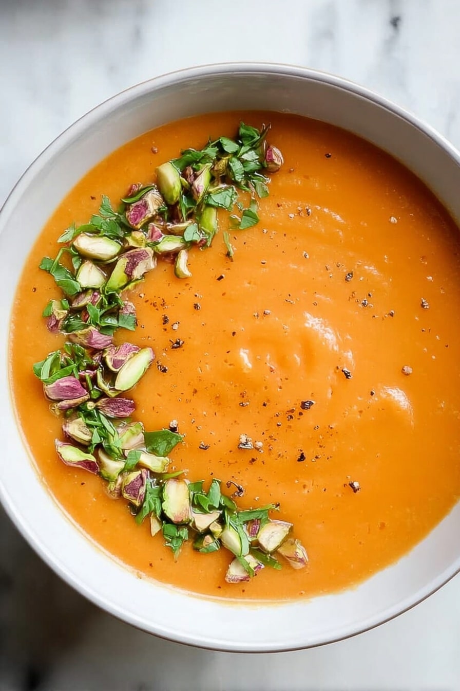 A round white bowl sits on a white marbled surface, filled with smooth, creamy orange soup that nearly reaches the edge. On the top of the soup is a curved line of small green leafy herbs and chopped nuts with varied tones of cream, light brown, and reddish purple. There are tiny scattered flecks of black pepper on the orange surface around the garnish. Photo taken with an iphone --ar 2:3 --v 7 - Creamy Butternut Squash Soup with Pistachios and Parsley, butternut squash soup recipe, healthy butternut squash soup, vegetarian squash soup, cozy fall soup