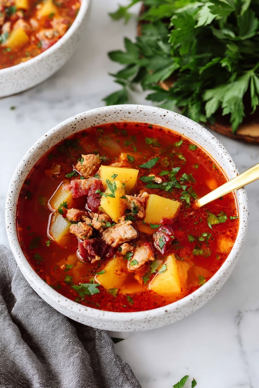 The image shows a white speckled bowl filled with a bright red soup. The soup has three main layers: the bottom layer is a red broth, the middle layer has chunks of yellow and light brown vegetables, and the top layer has small pieces of browned meat and chopped green herbs scattered all over. A gold spoon rests inside the bowl with its handle leaning out to the side. In the background, there is a green bunch of parsley on a white marbled surface with another bowl partially visible. A gray cloth sits near the bottom edge of the image. Photo taken with an iphone --ar 2:3 --v 7 - Turkey and Butternut Squash Vegetable Soup, healthy turkey butternut squash soup, comforting vegetable soup with turkey, easy fall soup recipes, hearty squash and turkey soup
