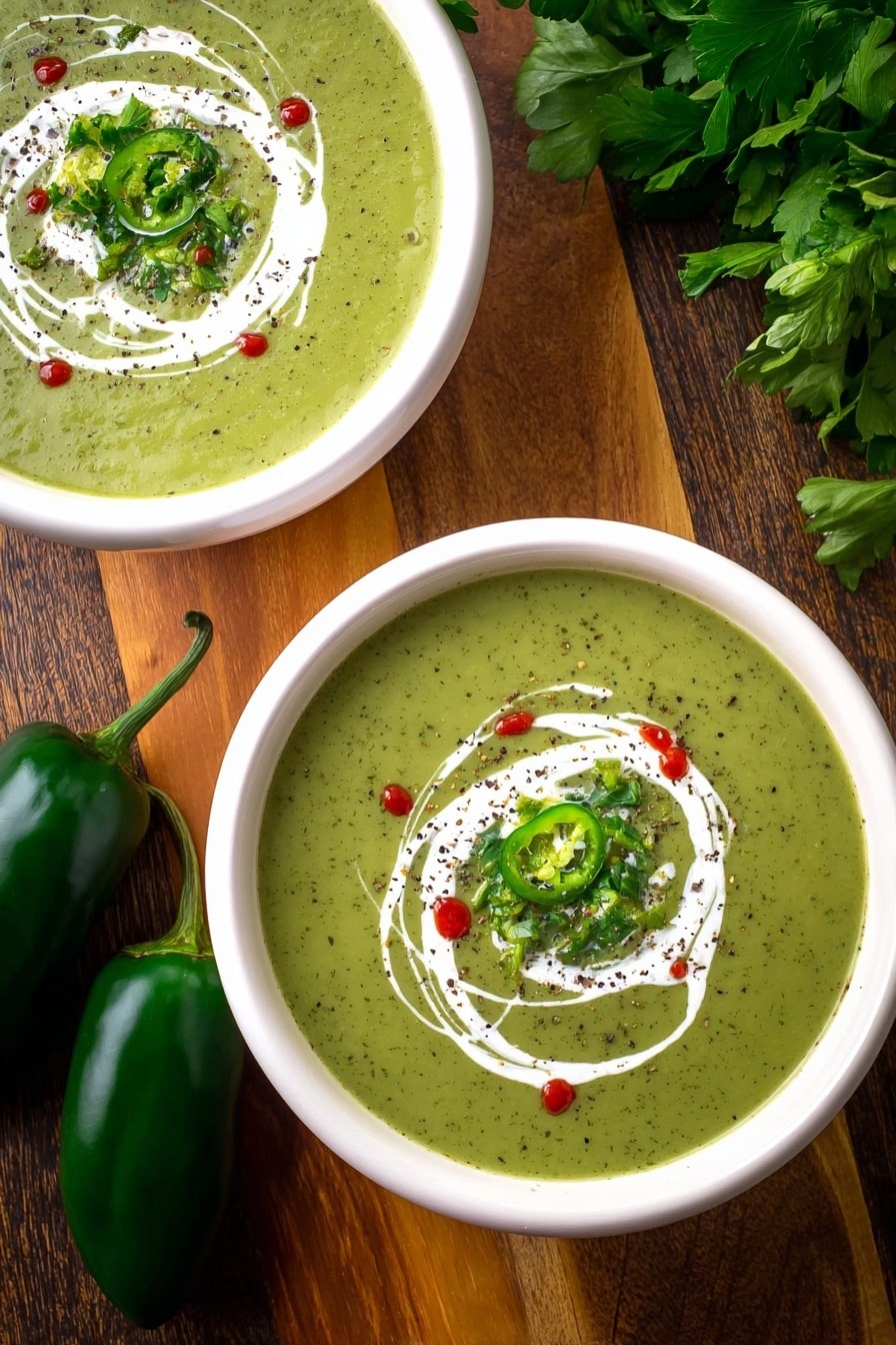 Two white bowls are filled with smooth, thick green soup. The top surface of each soup has a swirl of white cream, small drops of bright red sauce, sprinkle of black pepper, and some finely chopped green herbs in the center. The bowls are placed on a wooden surface with dark green peppers on the left and fresh green leafy herbs on the upper right. The soup looks fresh and inviting. photo taken with an iphone --ar 2:3 --v 7 - Roasted Poblano Soup with Crema and Hot Sauce, smoky poblano soup, spicy roasted pepper soup, creamy poblano soup recipe, easy mexican pepper soup