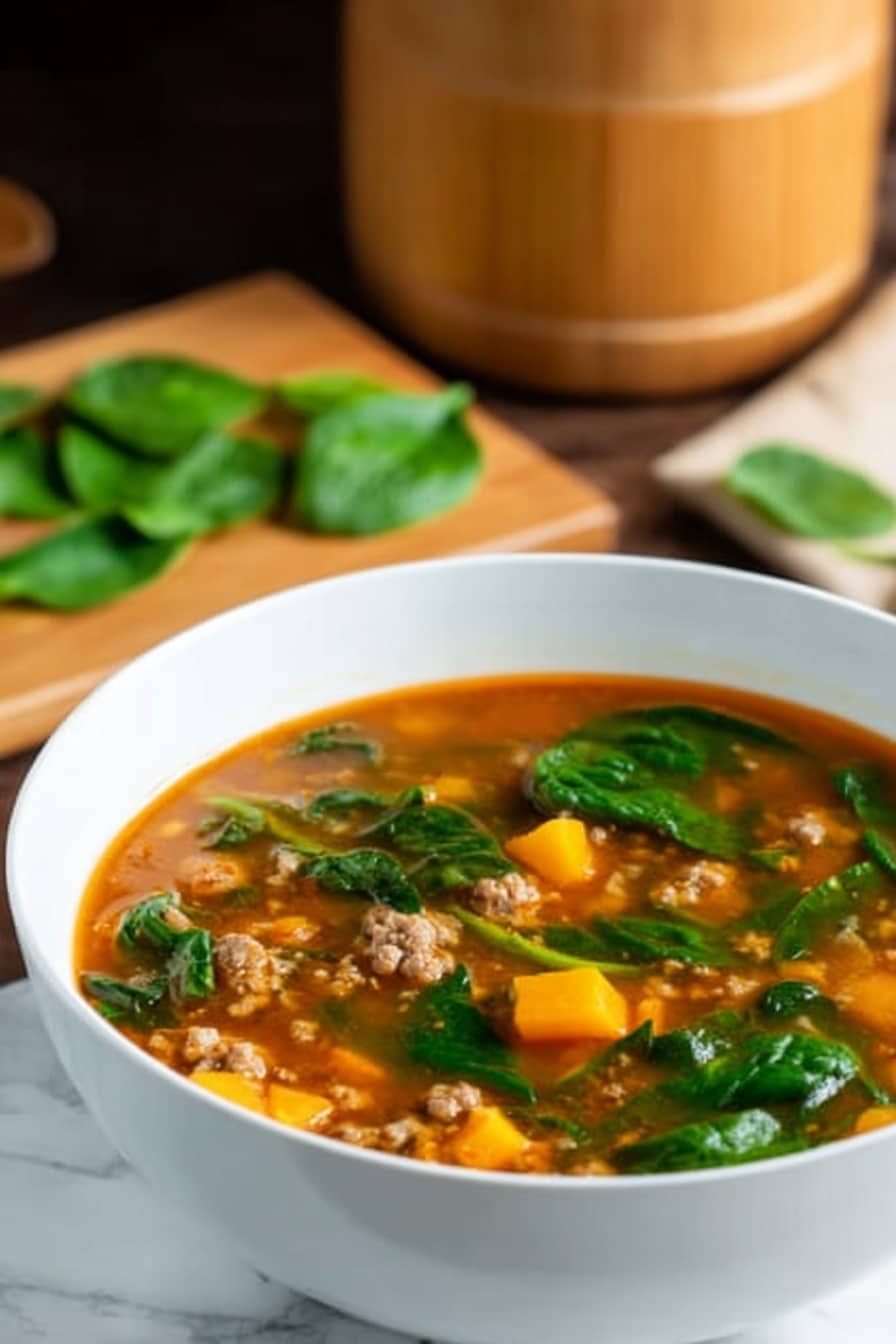 A white bowl filled with a vibrant soup sits on a white marbled surface. The soup has a rich orange-brown broth base, with layers of small yellow-orange cubes of vegetables and pieces of ground meat scattered throughout. Fresh green spinach leaves float on top, adding a fresh pop of color against the warm broth. In the background, a wooden cutting board with scattered spinach leaves and a cylindrical wooden container can be seen slightly blurred, giving a cozy kitchen feel. Photo taken with an iphone --ar 2:3 --v 7 - Spinach and Sweet Potato Turkey Soup, healthy turkey soup with spinach and sweet potatoes, quick nutritious turkey vegetable soup, hearty turkey and veggie soup, easy wholesome turkey soup