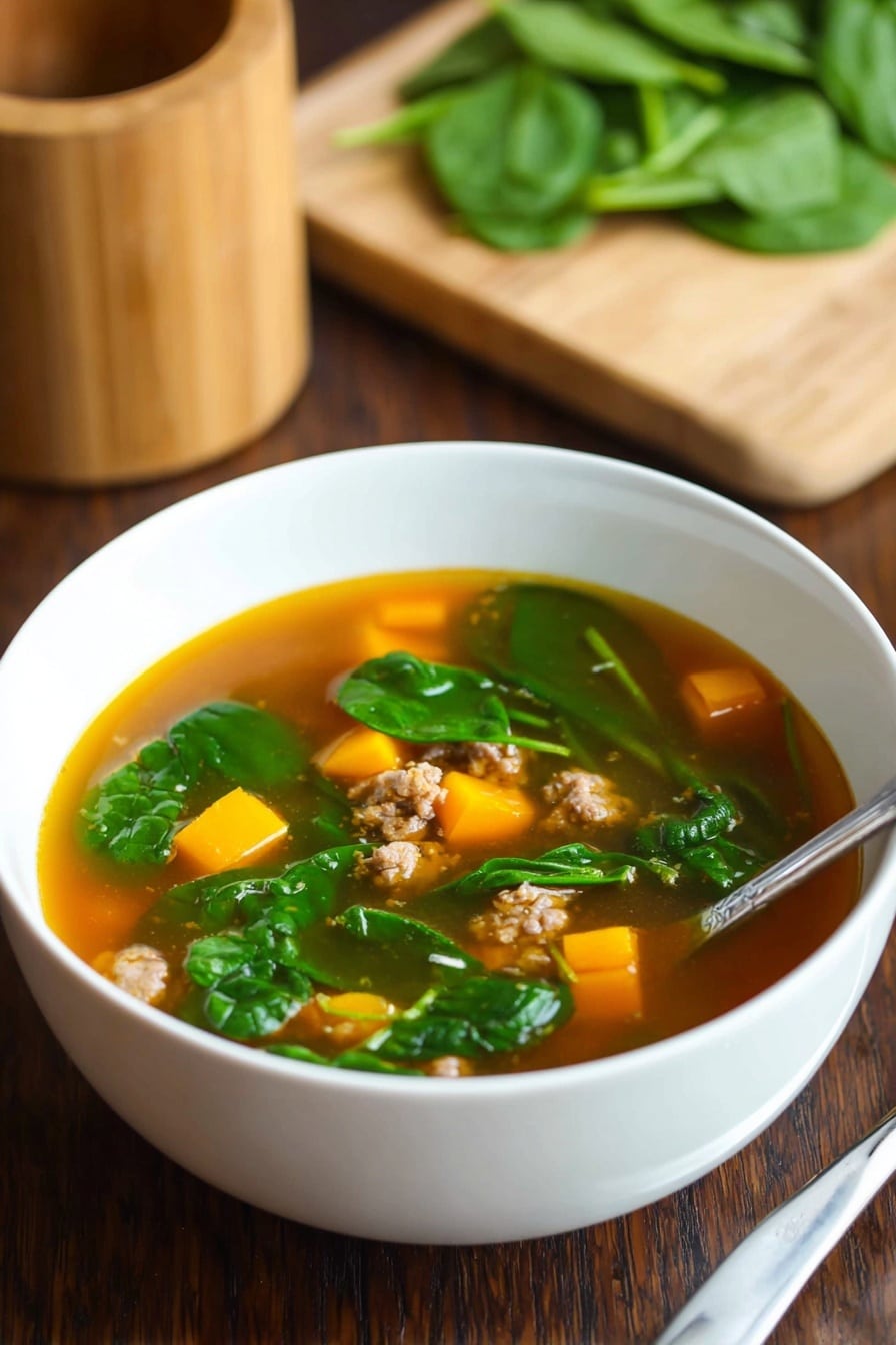 A white bowl filled with soup containing a clear orange broth as the base layer, with several chunks of orange cubes scattered evenly throughout. On top of this broth are medium-sized green spinach leaves that float and slightly overlap each other. There are also small pieces of light brown meat spread around, mixed with the broth and vegetables. A silver spoon is partially submerged in the soup on the right side of the bowl. The bowl is placed on a dark wooden table, with a light wooden container and a light wooden cutting board holding fresh spinach leaves blurred in the background. Photo taken with an iphone --ar 2:3 --v 7 - Spinach and Sweet Potato Turkey Soup, healthy turkey soup with spinach and sweet potatoes, quick nutritious turkey vegetable soup, hearty turkey and veggie soup, easy wholesome turkey soup