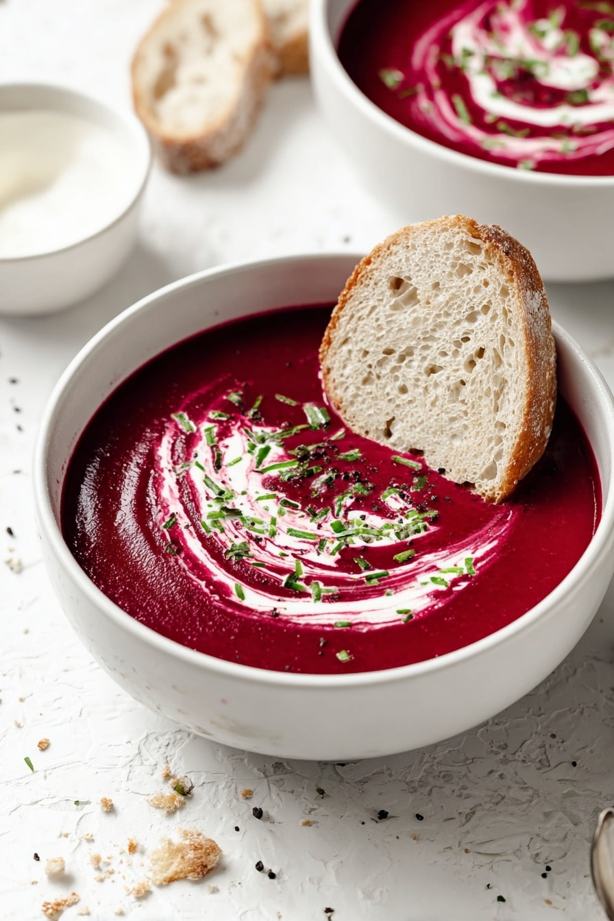 A white bowl filled with smooth, deep red beet soup with a swirl of white cream on top, sprinkled with small green herb pieces, and fresh cracked black pepper. A thick slice of light brown, airy bread rests partially on the edge of the bowl, slightly touching the soup. The bowl is placed on a white marbled surface with a few small bread crumbs scattered nearby. In the background, part of another bowl with the same soup and cream swirl is visible, along with a small white bowl filled with cream. photo taken with an iphone --ar 2:3 --v 7 - Creamy Beet, Sweet Potato, and Parsnip Soup, healthy beet and root vegetable soup, vegan root vegetable soup, easy and nutritious vegetable soup, vibrant colorful soup