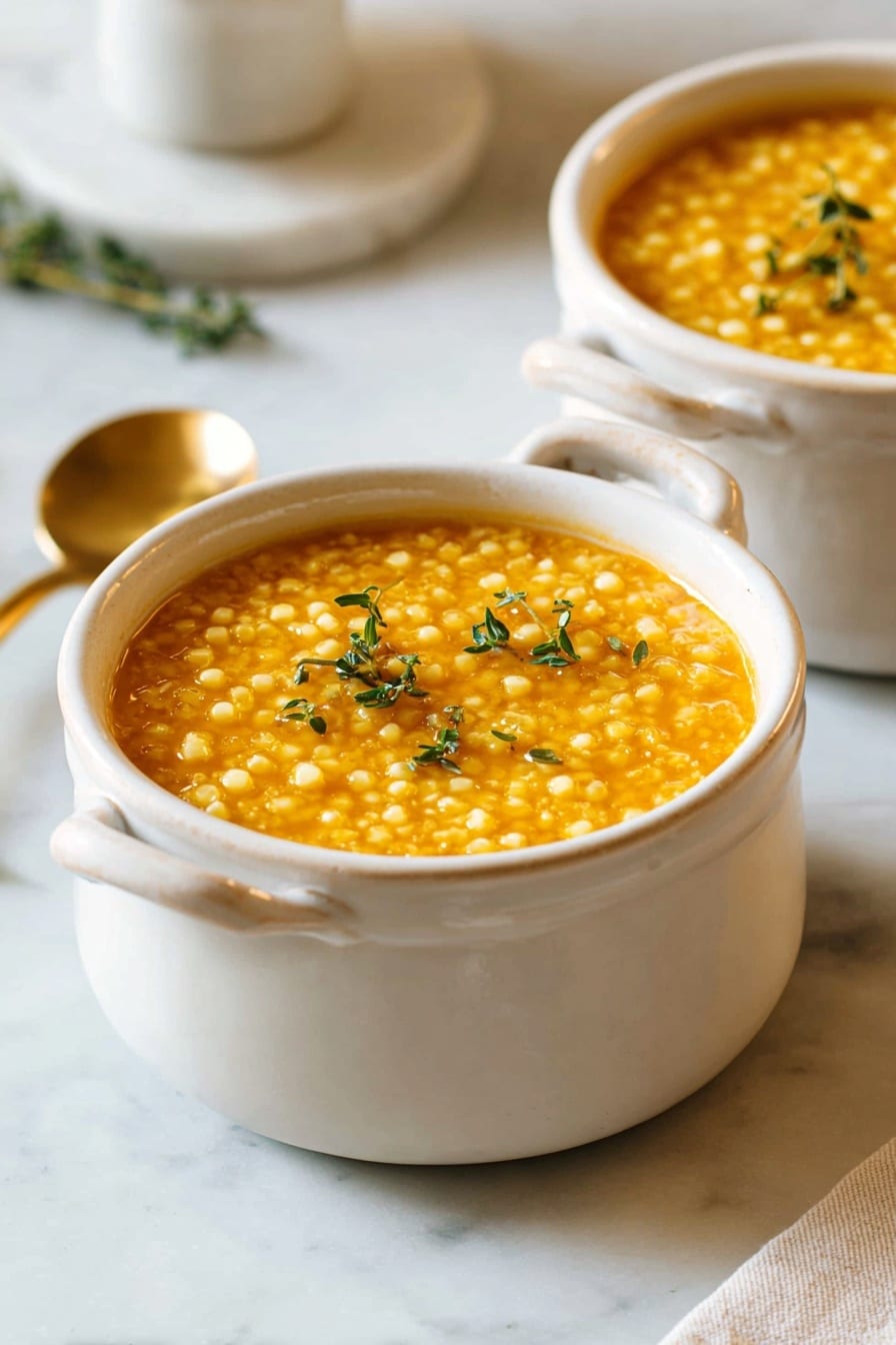 The image shows two white ceramic bowls filled with a thick orange soup with small round grains, likely pearl couscous or similar, floating on the surface. The soup is garnished with small green thyme leaves, scattered across the top. The bowls have two small handles each and sit on a white marbled surface that adds a clean and bright look. In the background, a white marble mortar and pestle and a gold spoon are blurred but visible, adding a touch of kitchen atmosphere. The scene is warmly lit, emphasizing the creamy texture and vibrant color of the soup. Photo taken with an iphone --ar 2:3 --v 7 - Easy Pastina Soup, cozy Italian soup, quick comfort food, healthy pasta soup, homemade pastina broth