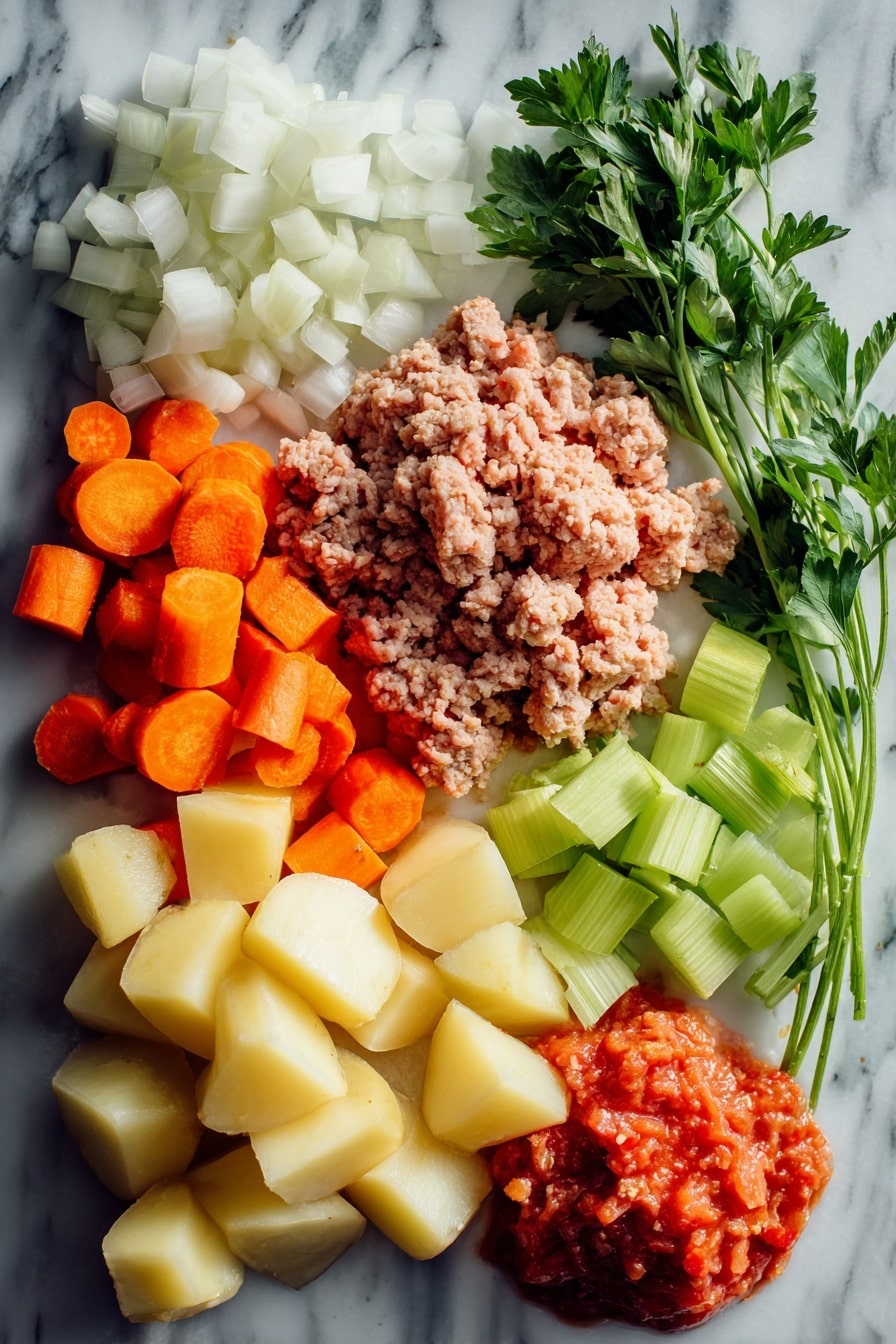 Flat lay of fresh diced white onions, bright orange carrots, crisp green celery sticks, raw grass-fed ground turkey, minced garlic cloves, vibrant crushed tomatoes, peeled diced potatoes, and a small bunch of fresh parsley leaves beautifully arranged with natural light highlighting their colors and textures, placed on a white marble surface, photo taken with an iphone --ar 2:3 --v 7 - Ground Turkey and Vegetable Soup, healthy ground turkey soup, quick vegetable soup recipe, nutritious turkey soup, easy vegetable soup