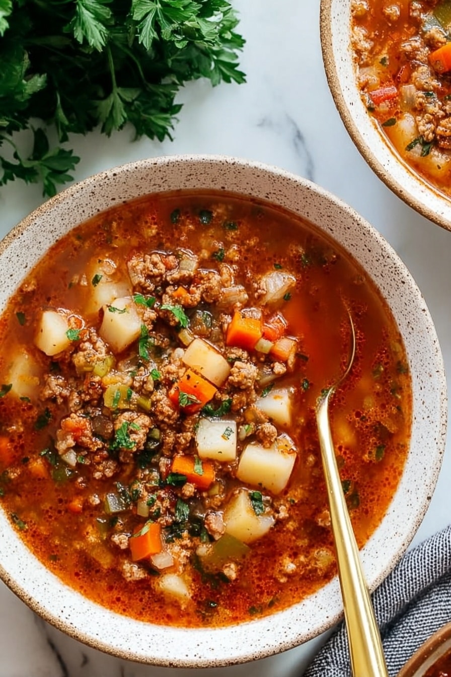 The image shows a white speckled bowl filled with a thick soup made of ground meat, diced white potatoes, small orange carrot pieces, and green herbs mixed in a rich reddish-brown broth. The soup fills the bowl almost to the top, with a golden spoon placed inside on the right side. The bowl sits on a white marbled surface, next to a bunch of fresh green parsley on the left and part of another bowl with similar soup on the right. The scene is well-lit and cozy. photo taken with an iphone --ar 2:3 --v 7 - Ground Turkey and Vegetable Soup, healthy ground turkey soup, quick vegetable soup recipe, nutritious turkey soup, easy vegetable soup